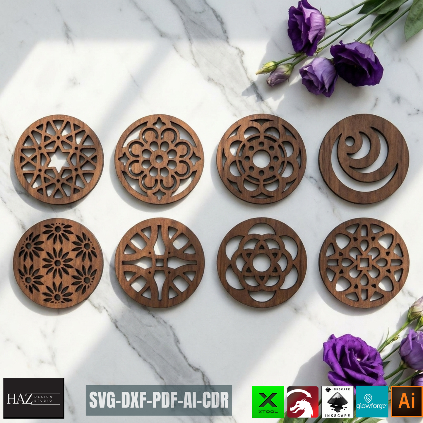 Round Coasters Laser Cut Template, Floral Wooden Drink Mat Pattern, Coaster Set Design