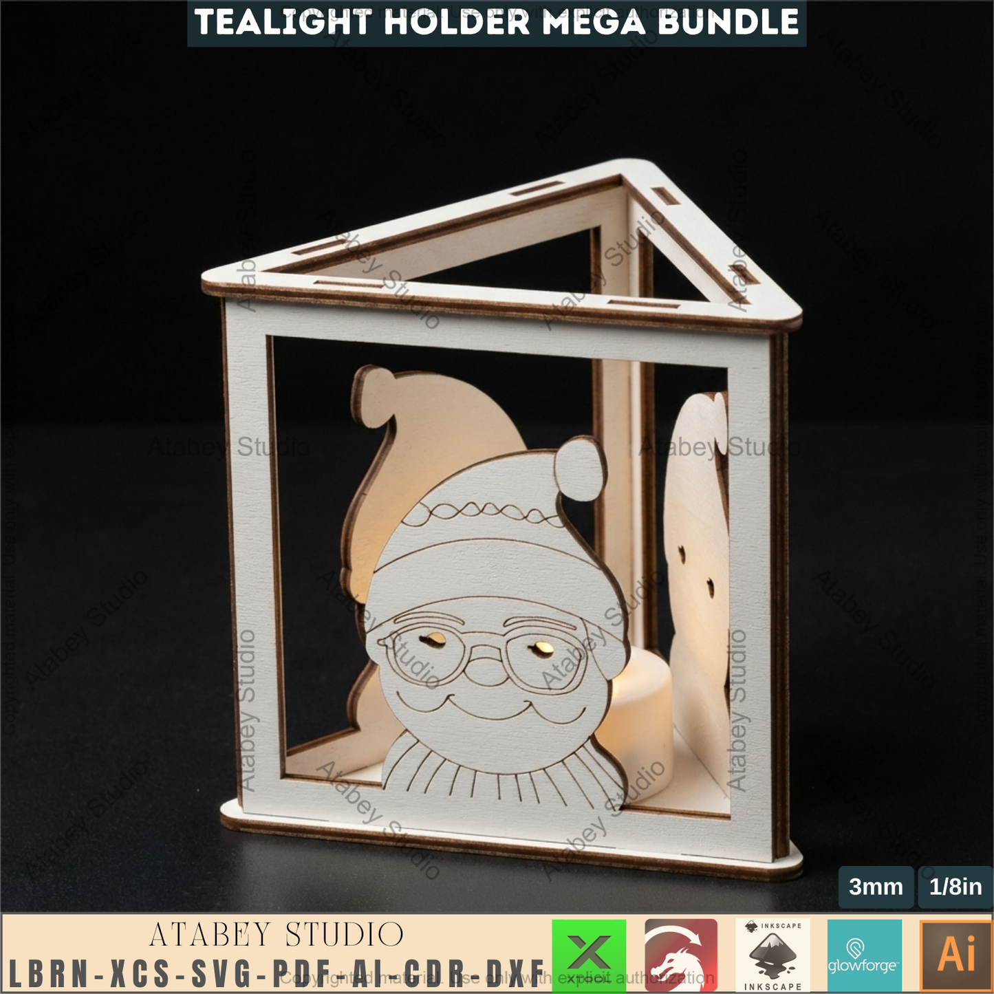 Christmas Tealight Holder Bundle Laser Cut Files, Cute Santa Reindeer Gnome Lanterns, Triangle Candle Box 982