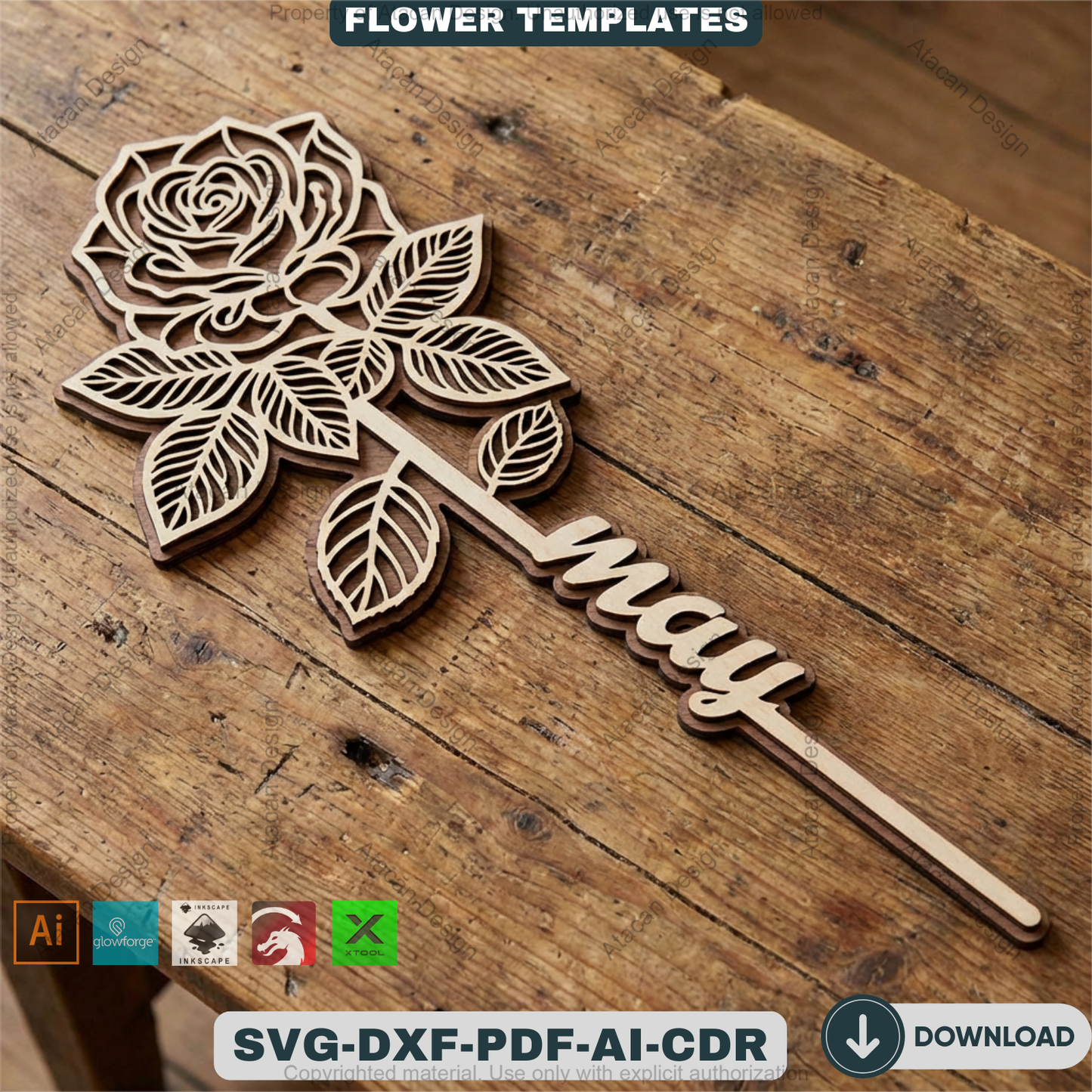 Birth Month Flower Laser Cut Bundle Wooden Floral Stakes Bouquet Topper Designs Personalised Mother Day Gift Laser Ready Templates 932