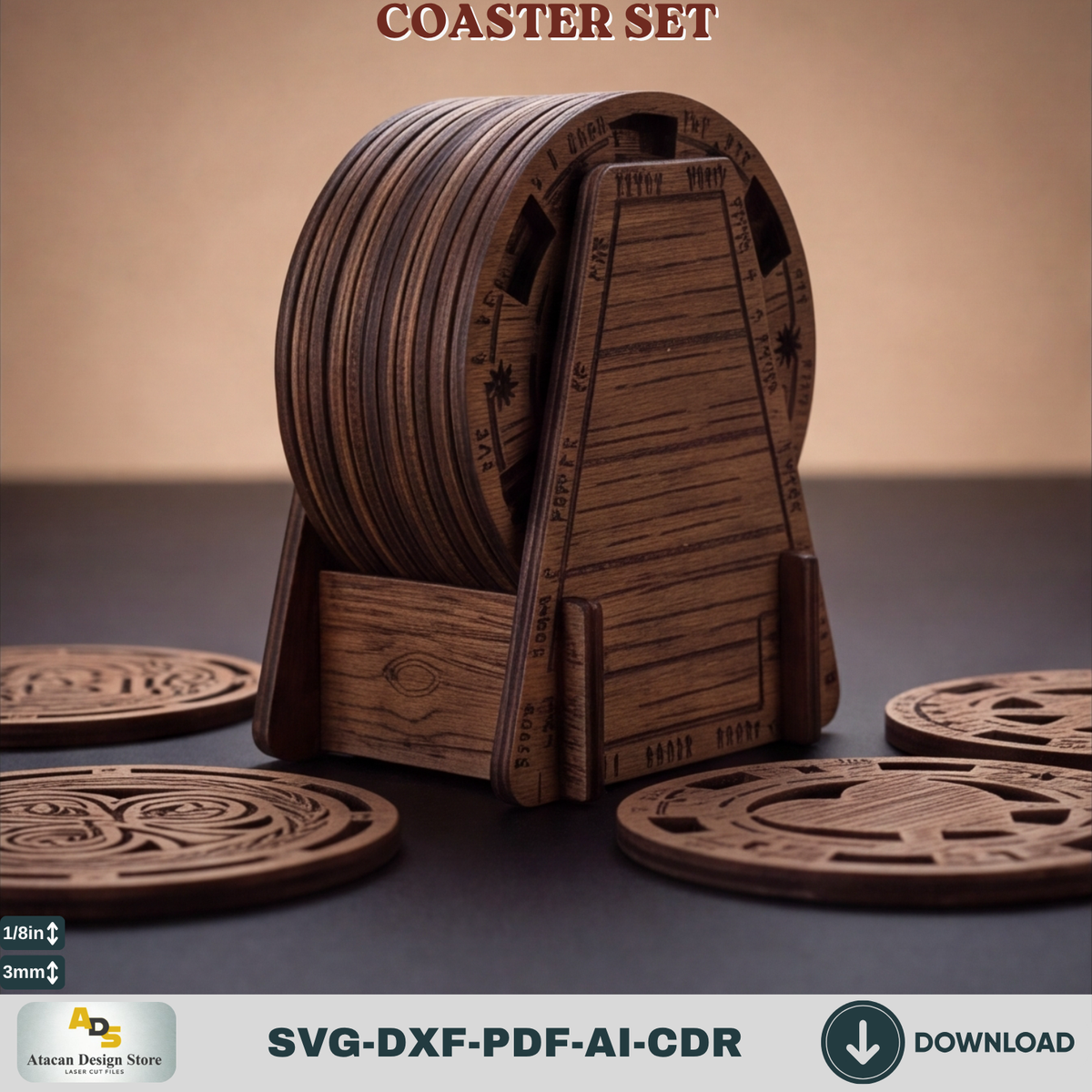 Norse Rune Coaster Template with Stand, Celtic Card Suit Drink Coasters, Laser Cut Bar Gift Bundle