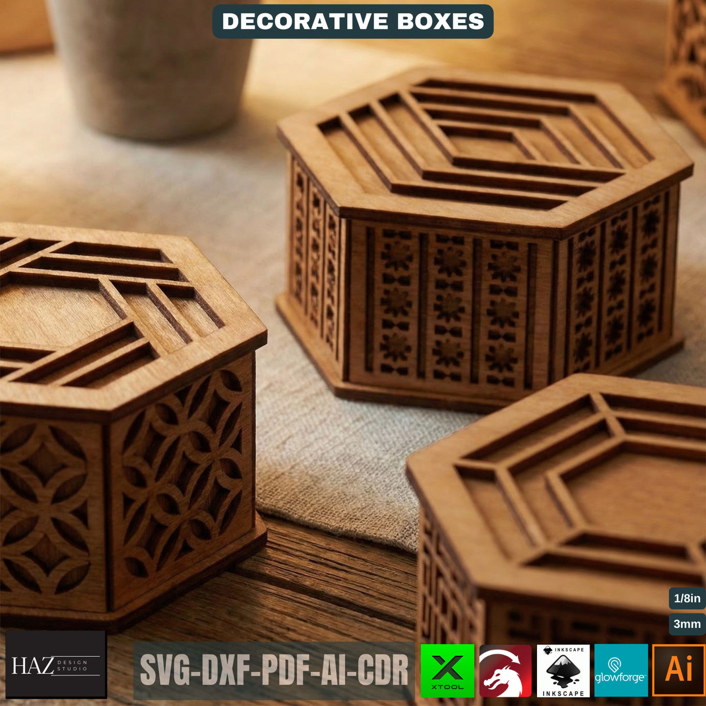 Decorative Hexagon Box Laser Cut Template Geometric Wood Storage Container Lidded Keepsake Pattern 521