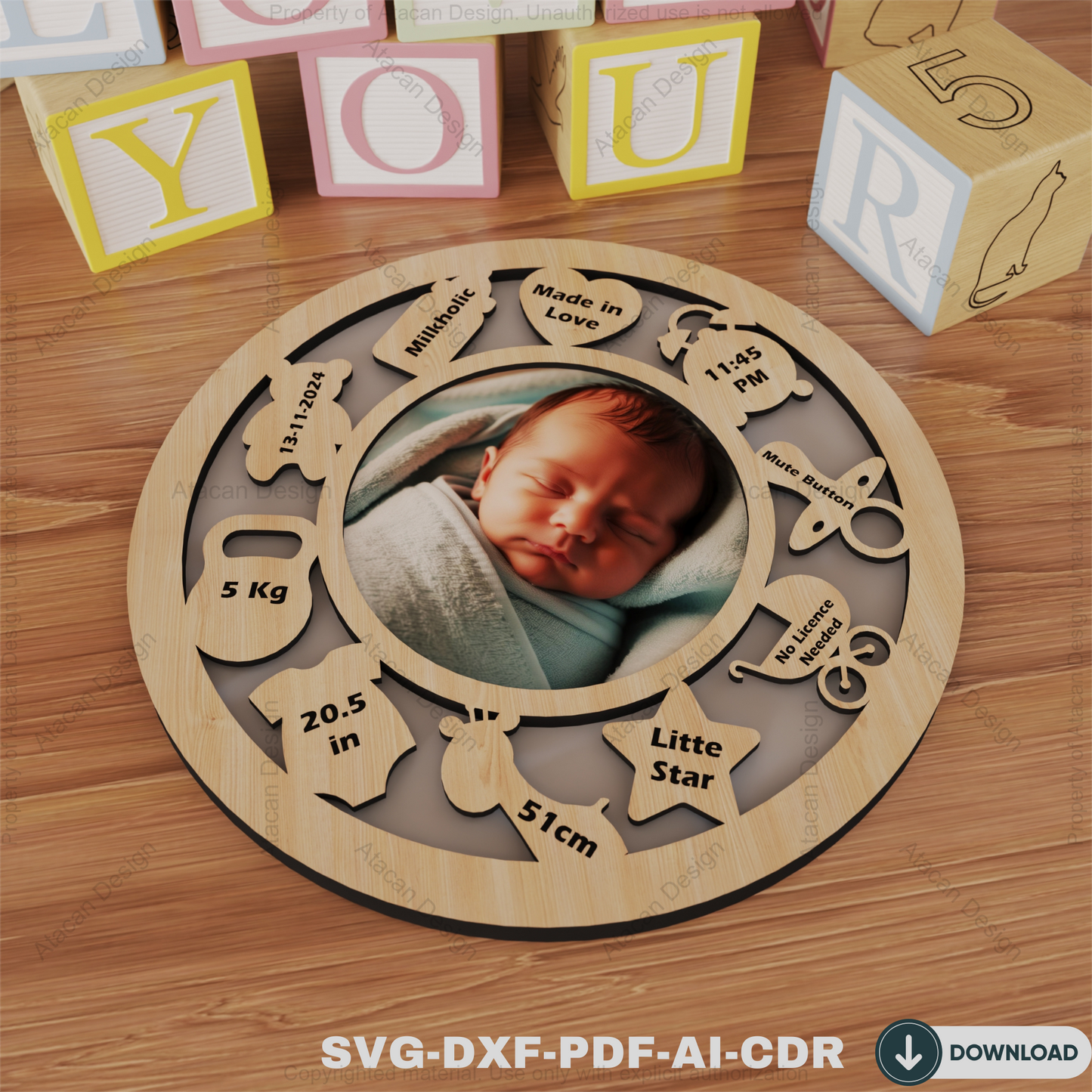 Personalized Baby Announcement Laser Cut Design | Custom Baby Birth Sign SVG ,Newborn Birth Details Photo Frame Design 813