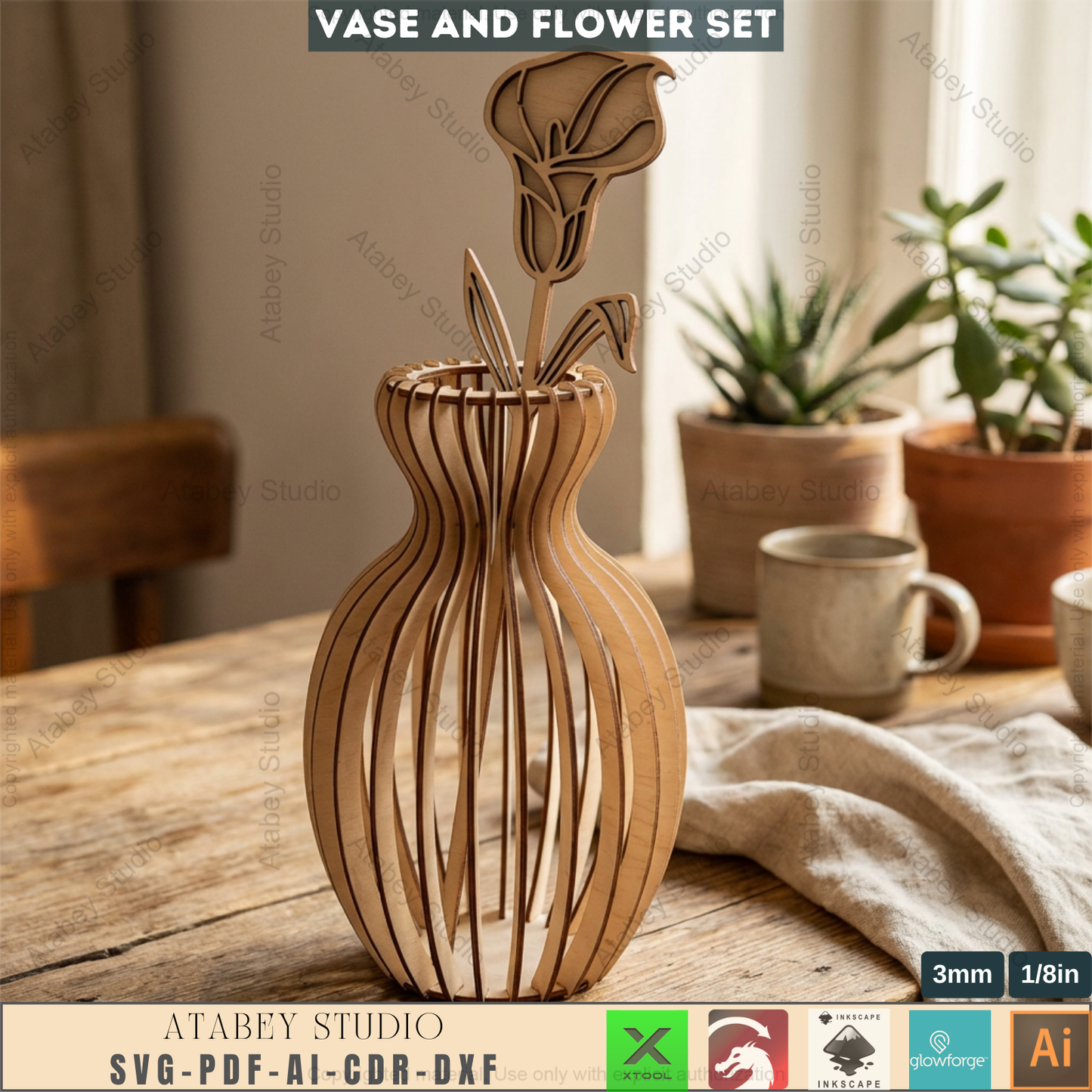 Laser Cut Wooden Vase with Flowers SVG Bundle - 5 Elegant Vases & 6 Wildflower Designs, 3D Layered Floral Table Decor 984