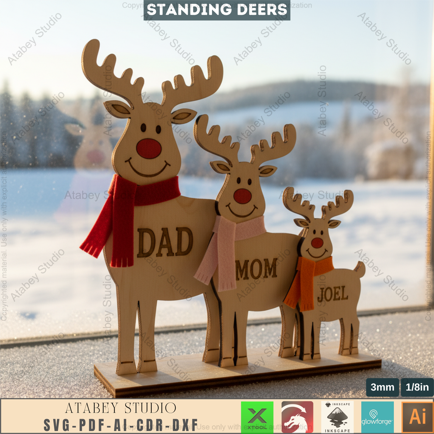 Personalized Reindeer Family Laser Cut Design, Freestanding Christmas Deer Decor, Custom Name Tabletop Sign 970