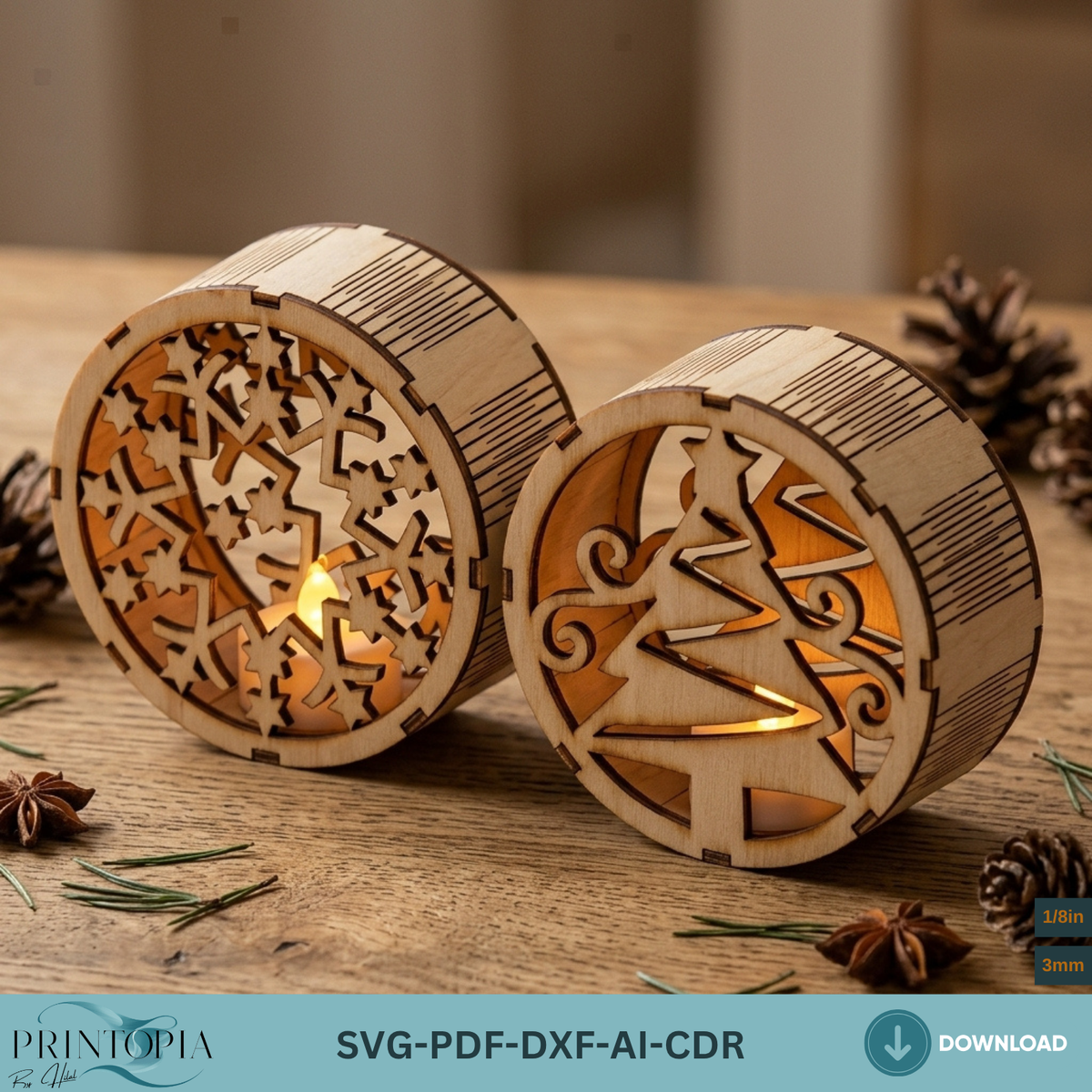 Laser Cut Christmas Night Light Bundle, Round Wooden Lanterns, DIY Holiday Candle Holder Designs 380