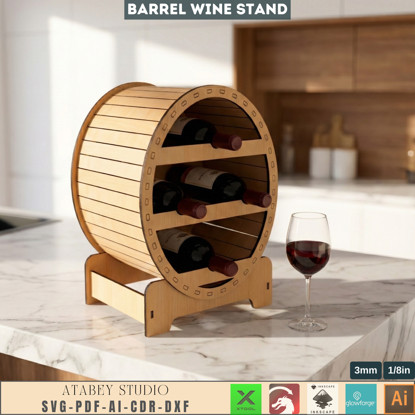 Barrel Wine Rack Laser Cut Plan, Wooden Bottle Holder Template, DIY Rustic Home Bar Decor, Tabletop Wine Stand Design 983