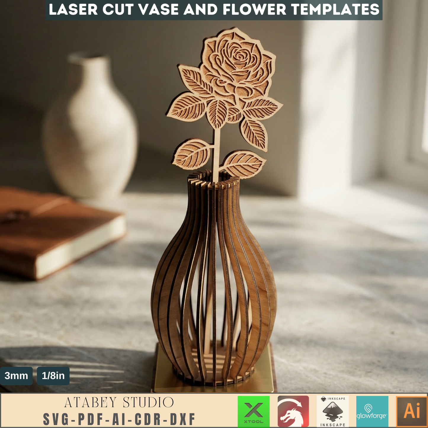 Vases and Wildflower Templates, Layered Floral Table Decor Cutting Files, Wood Flower Bouquet 998