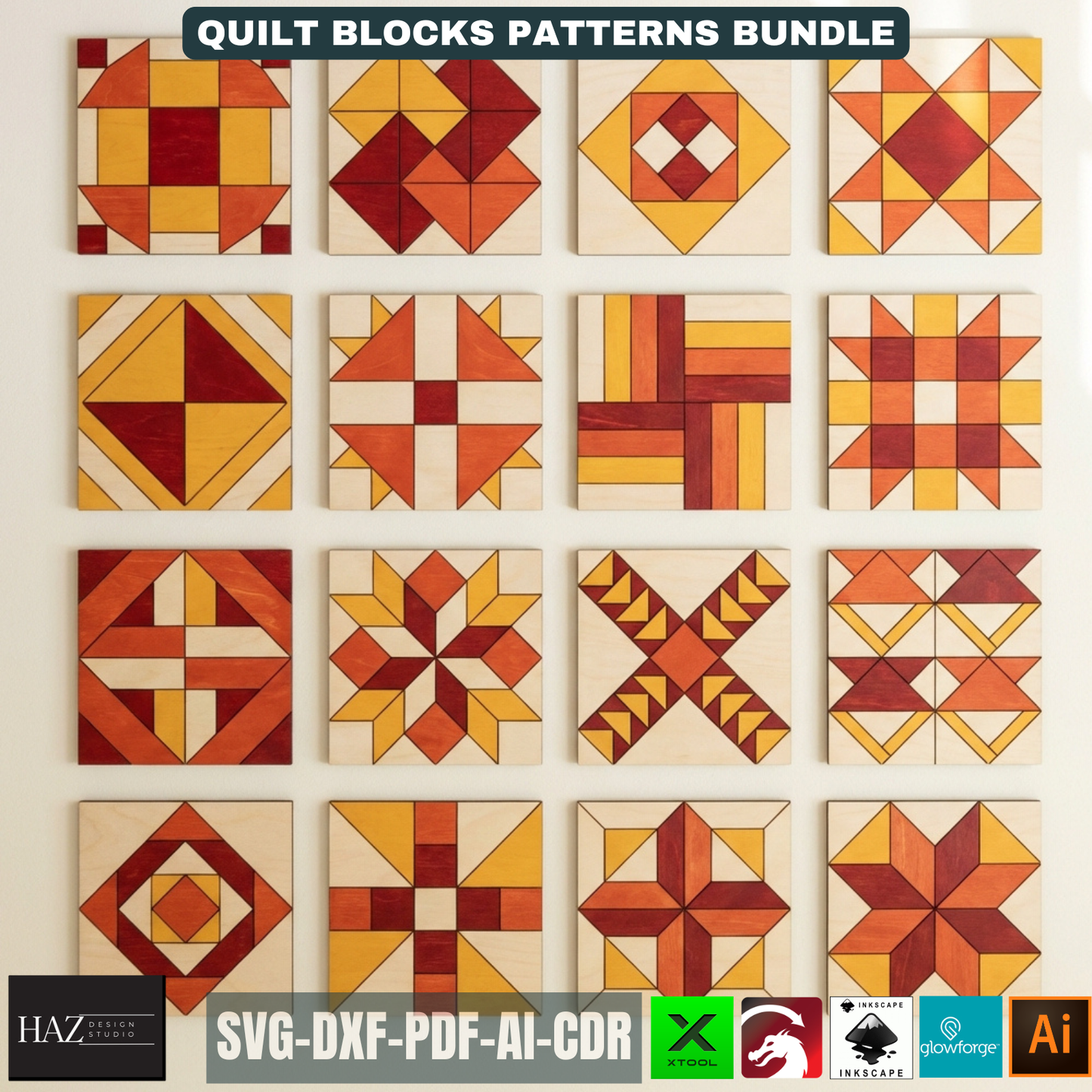 Geometric Barn Quilt Block Pattern Bundle, Wooden Wall Art Laser Cut Template, Modern Mosaic Home Decor 517