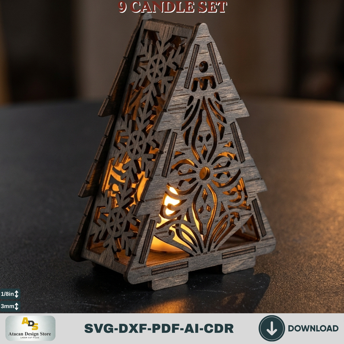 Laser Cut Christmas Lantern Bundle, Tealight Holder Template Set of 9, Snowflake Reindeer Gnome