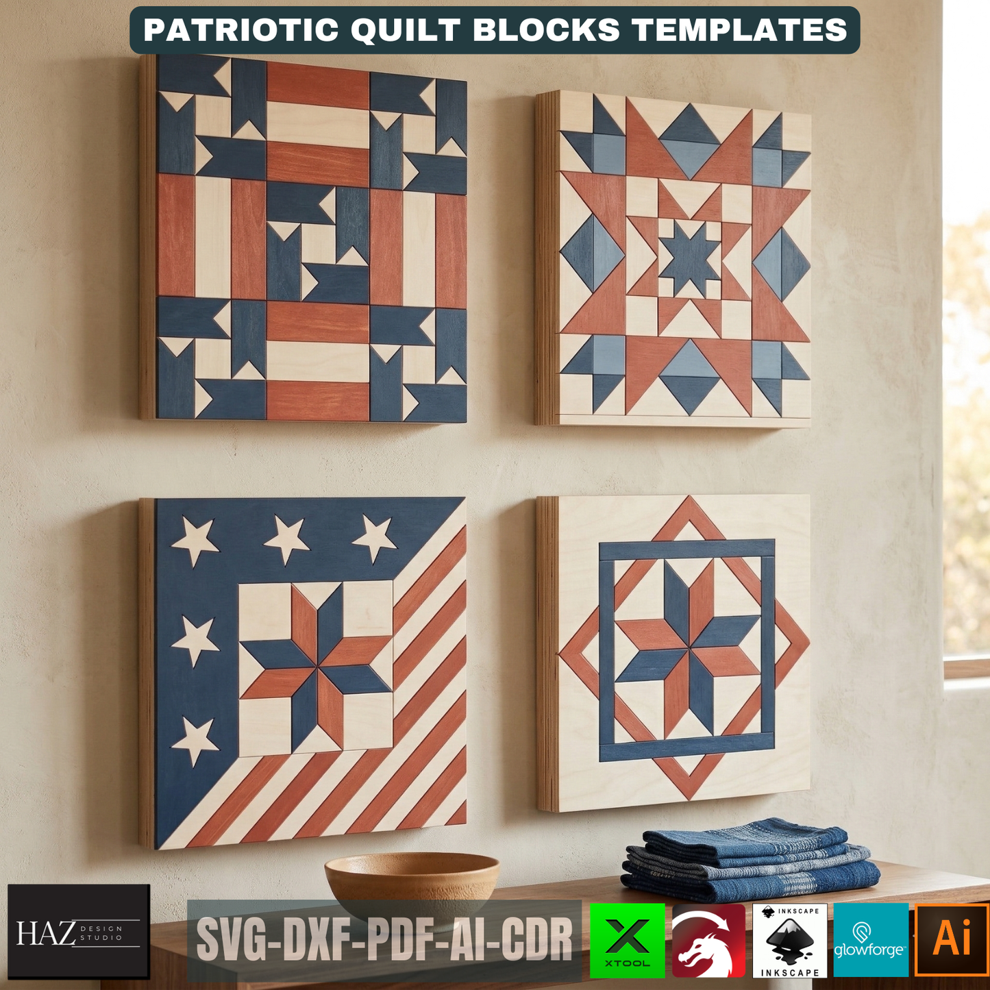 Patriotic Barn Quilt Block Patterns American Flag Wood Art Templates Fourth of July Wall Decor Independence Day 526
