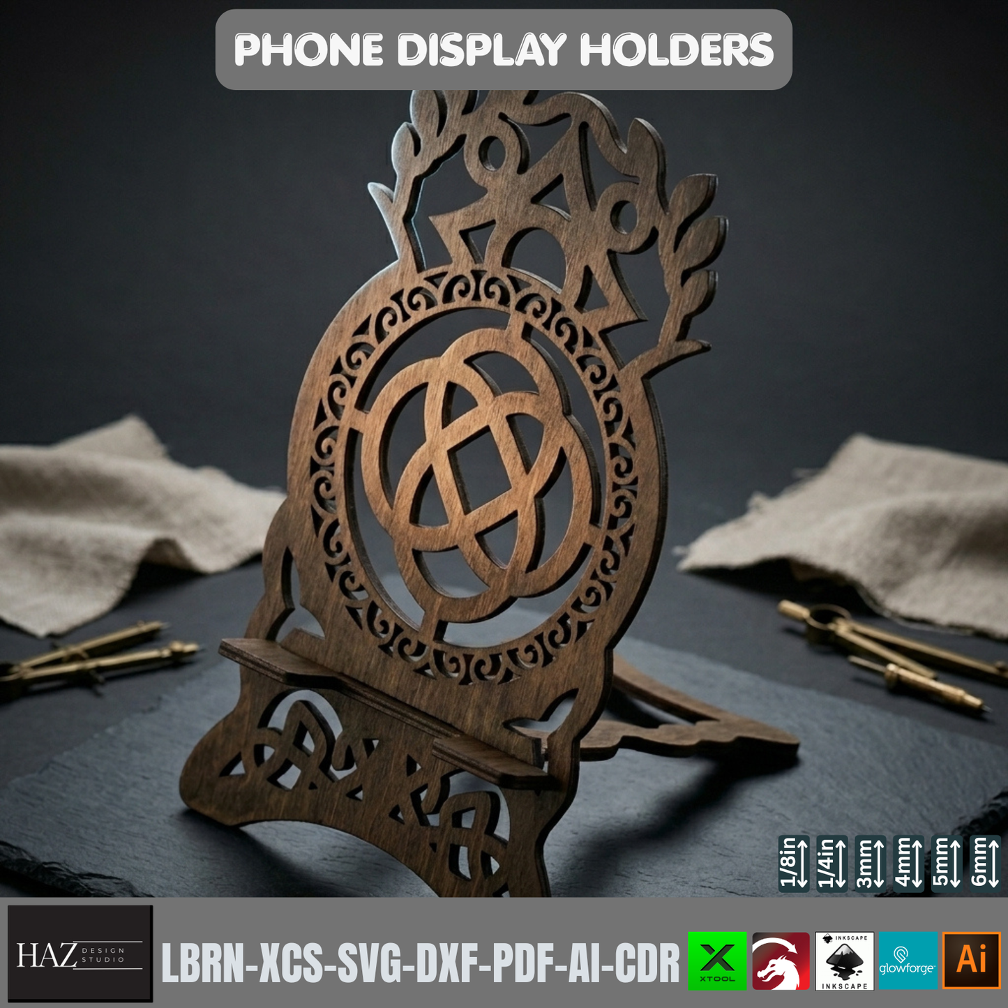 Celtic Viking Phone Stand Laser Cut File Set 9 Designs Wood Holder 562