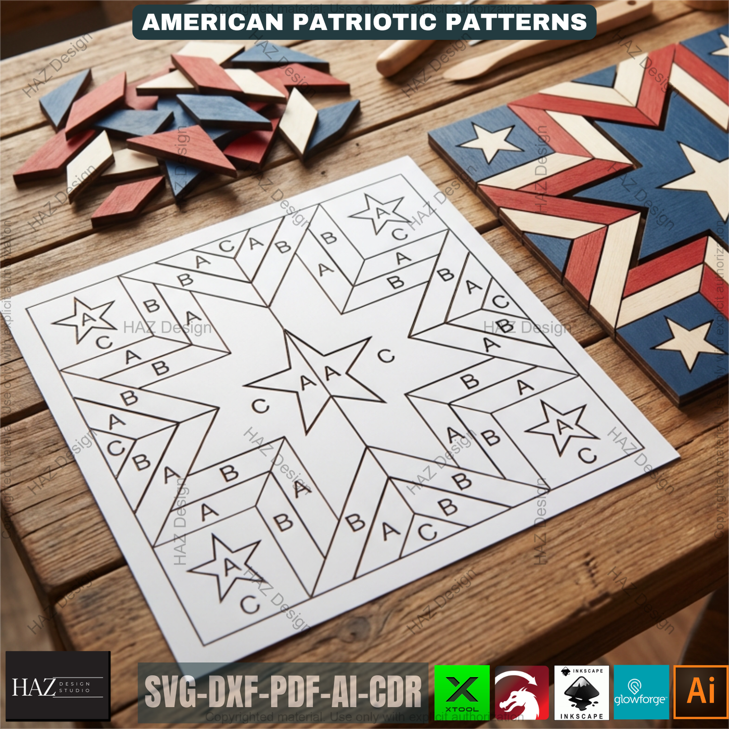 Americana Patriotic Barn Quilt Patterns, Rustic Wooden Star Art Cutting Templates 524