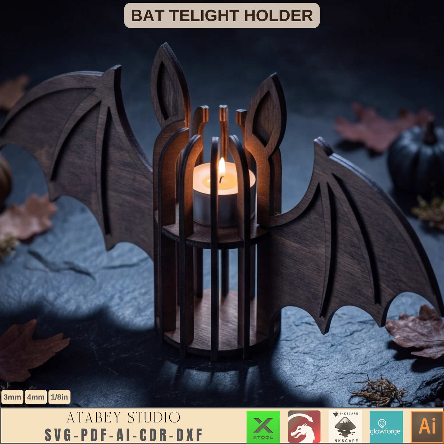 Halloween Bat Tea Light Holder Laser Cut File Wooden Lantern SVG Template