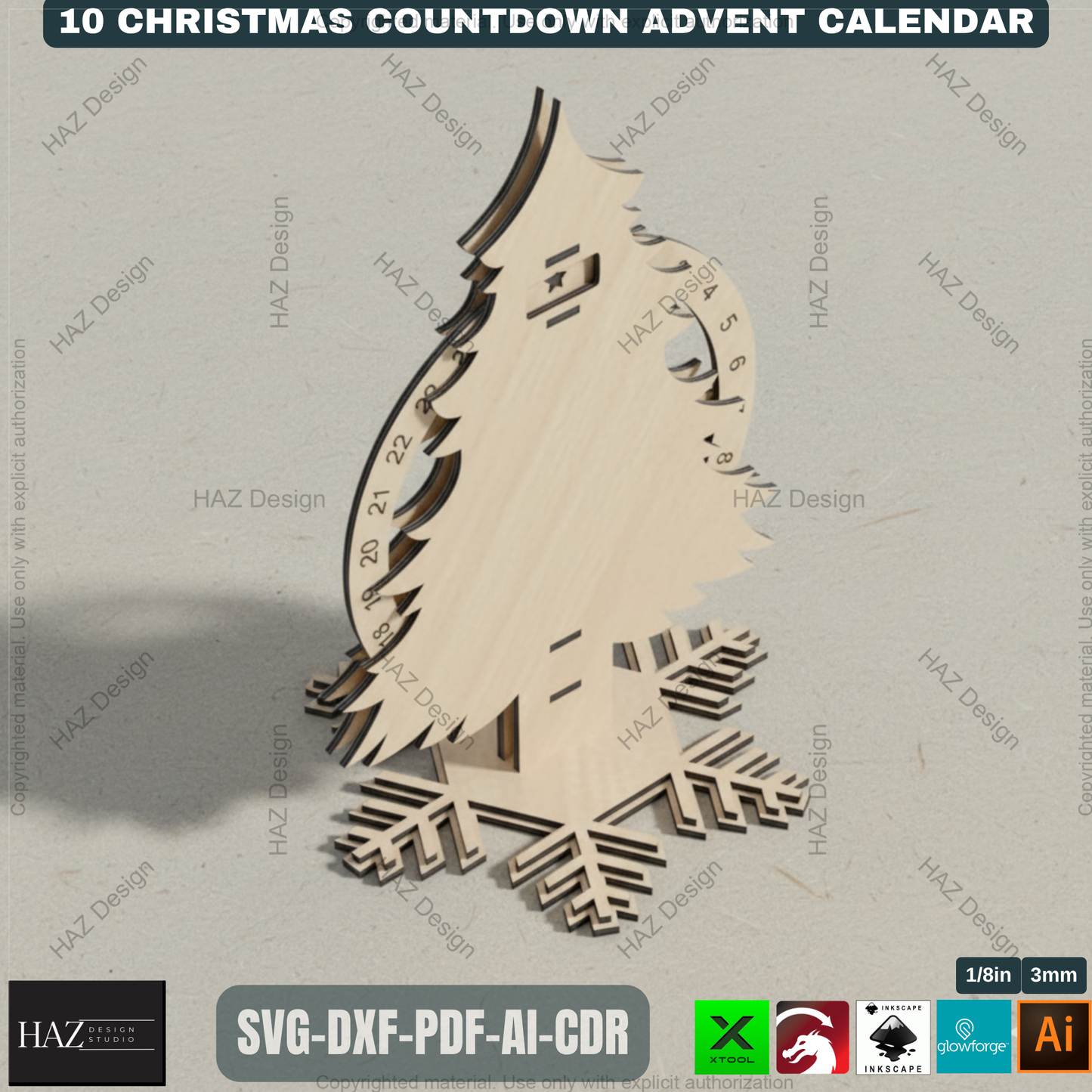 Festive Countdown Advent Calendar Laser Cut Files, Wooden Christmas Decor Template for Glowforge & Xtool, Holiday Craft Project 498