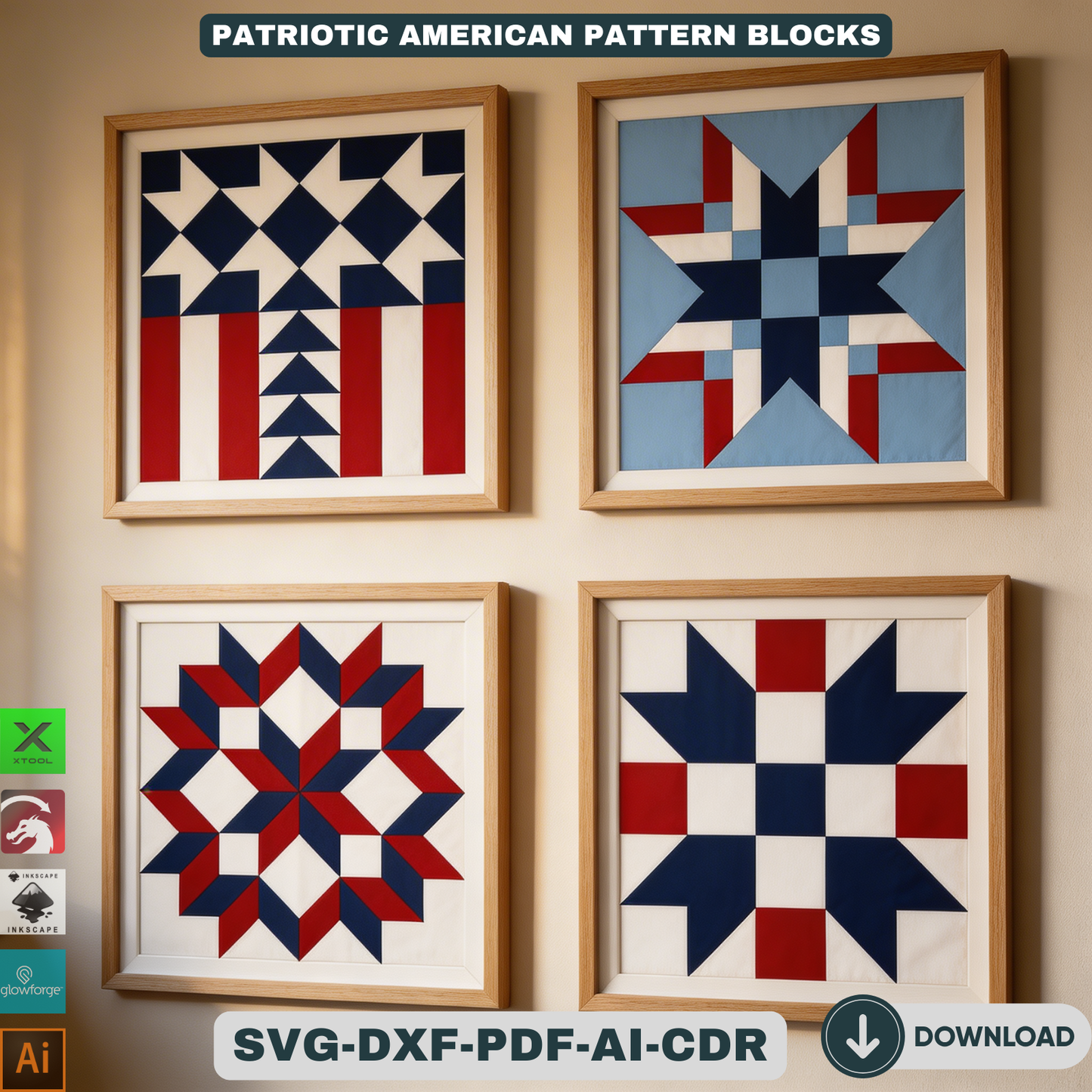 Patriotic American Barn Quilt Wall Decor Fourth of July Wooden Sign Geometric Star Block Patterns 943