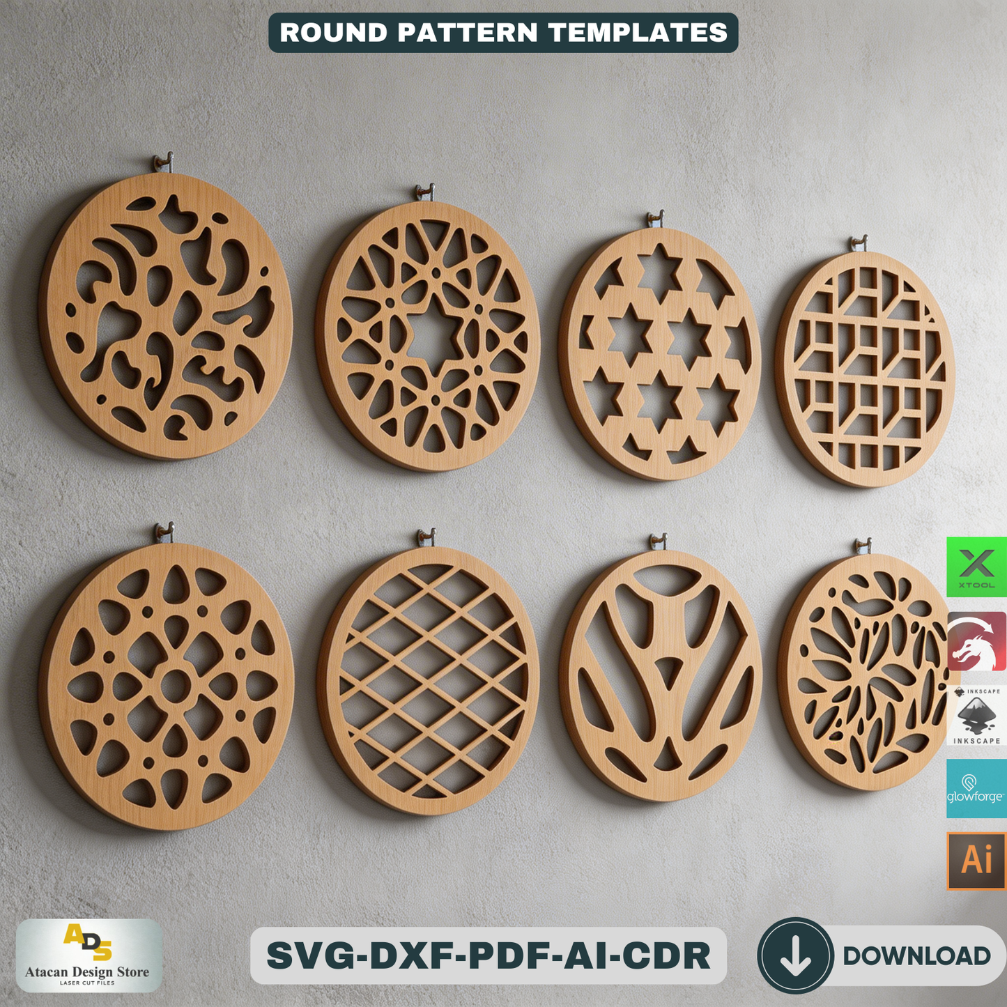 40 Coaster Svg Bundle, Wall Hanging laser cutting file, Laser Cut Vector Files, Coaster Templates 506
