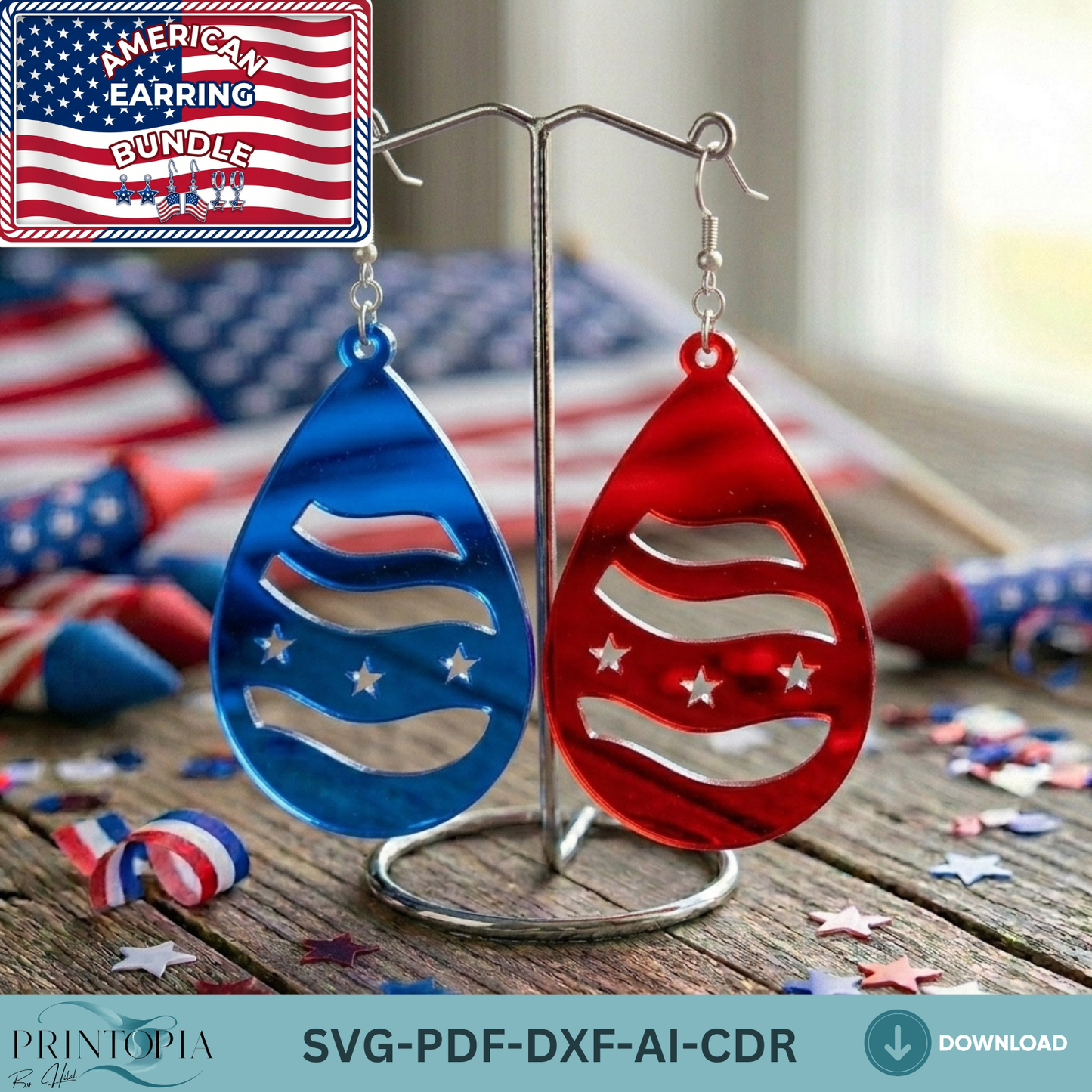 Patriotic Earring SVG Bundle, 4th of July Laser Cut File, USA Flag Acrylic Earrings DXF