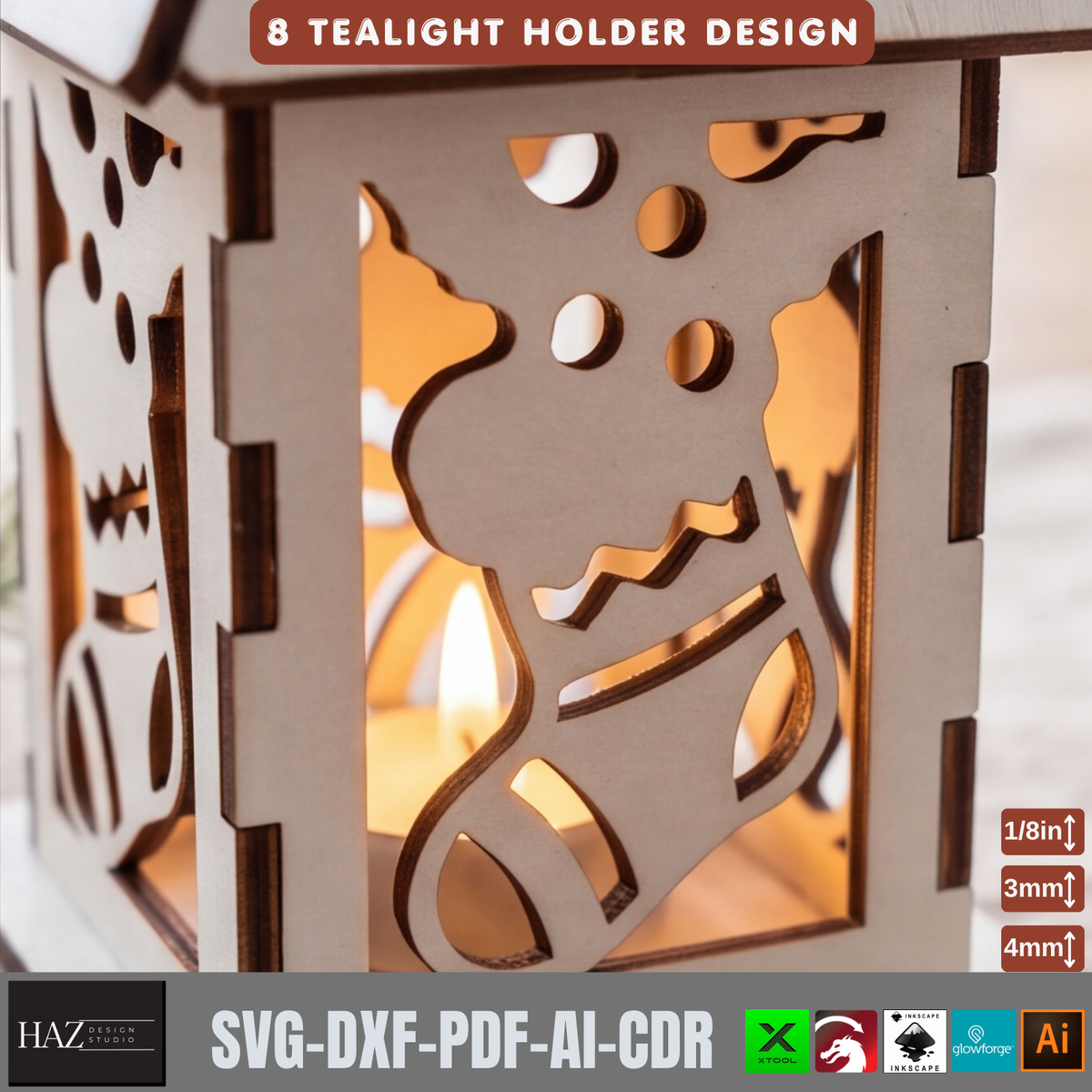 8 Christmas Tealight Lantern Laser Cut Pattern Wooden Candle Holder Template