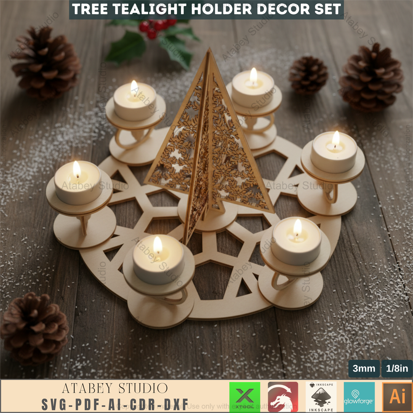 Festive Tree Lantern, Holiday Tea Light, New Year Themed Laser Cut Digital Download, Laser File Christmas Candles Tealight Holder Trees File Candle holder Christmas SVG, Christmas Snowflake trees candles Advent wreath laser file tealight  968
