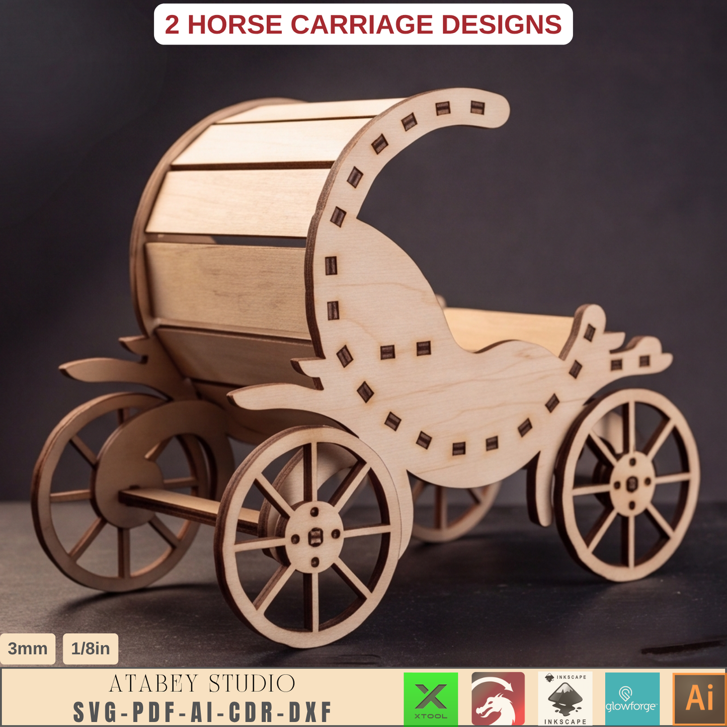Wooden Horse Carriage Laser Cut Template, 2 Designs, SVG DXF AI PDF CDR Files