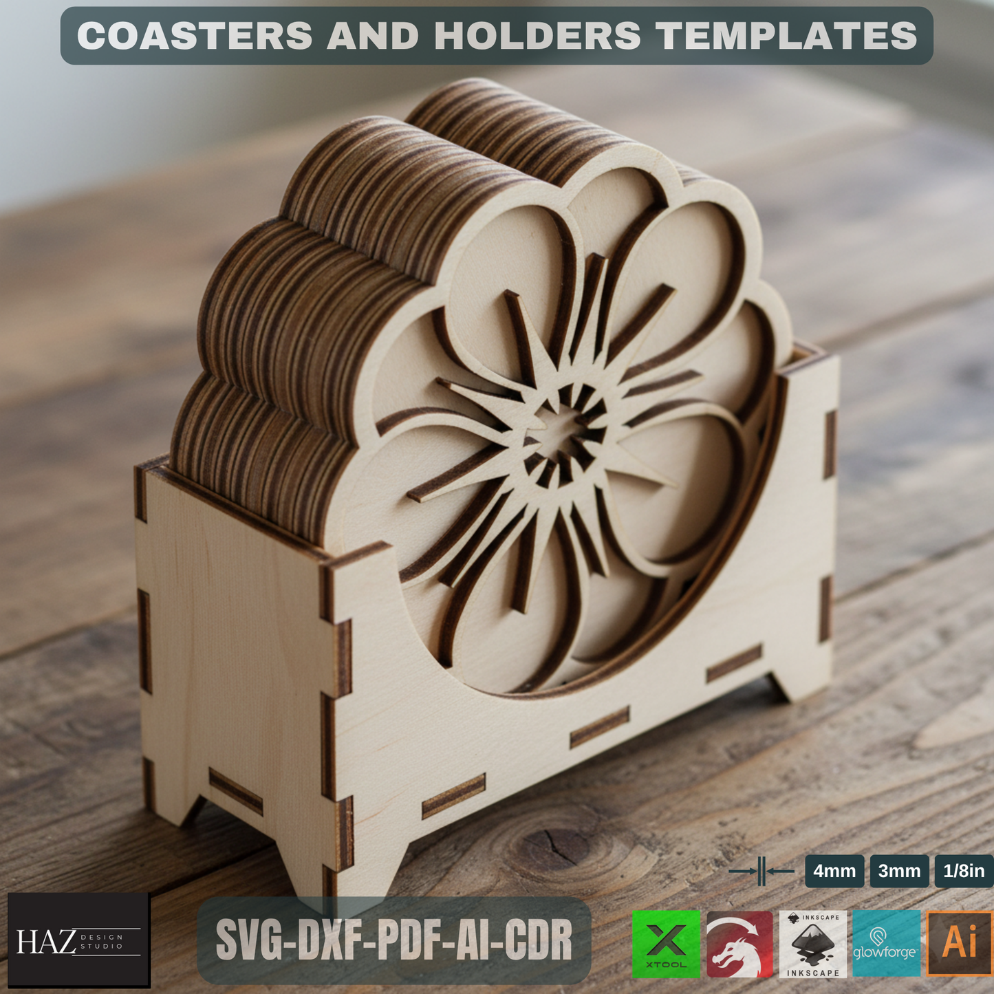 Floral Coaster Designs with Holder / Digital File for Laser Cutting / Decorative Coaster and Box Bundle 483