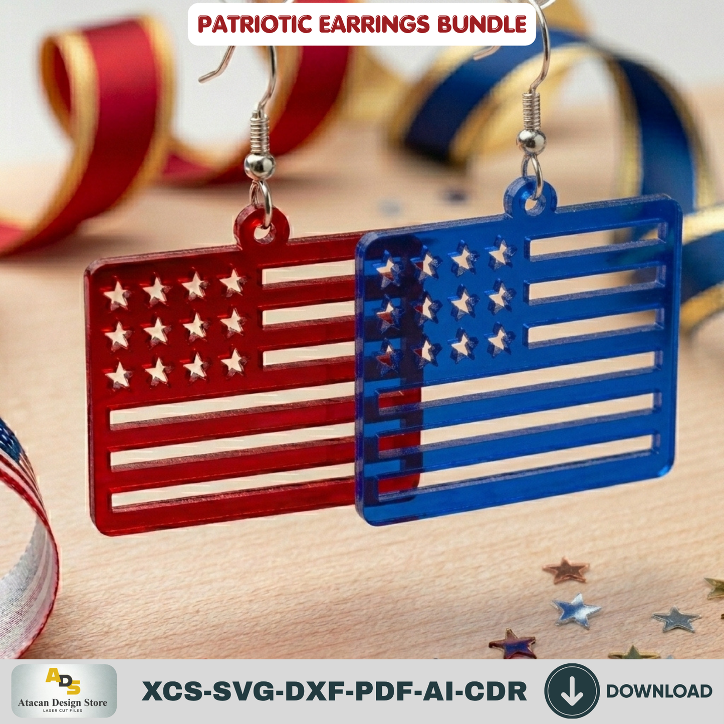 Patriotic Earrings Laser Cut Bundle, 4th of July USA Flag Acrylic Jewelry Template, Veteran Gift Design