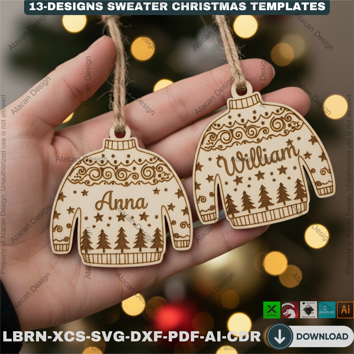 Personalized Sweater Christmas Ornament Bundle | 13 Holiday Designs | Laser Cut Template Set for DIY Xmas Gifts 918