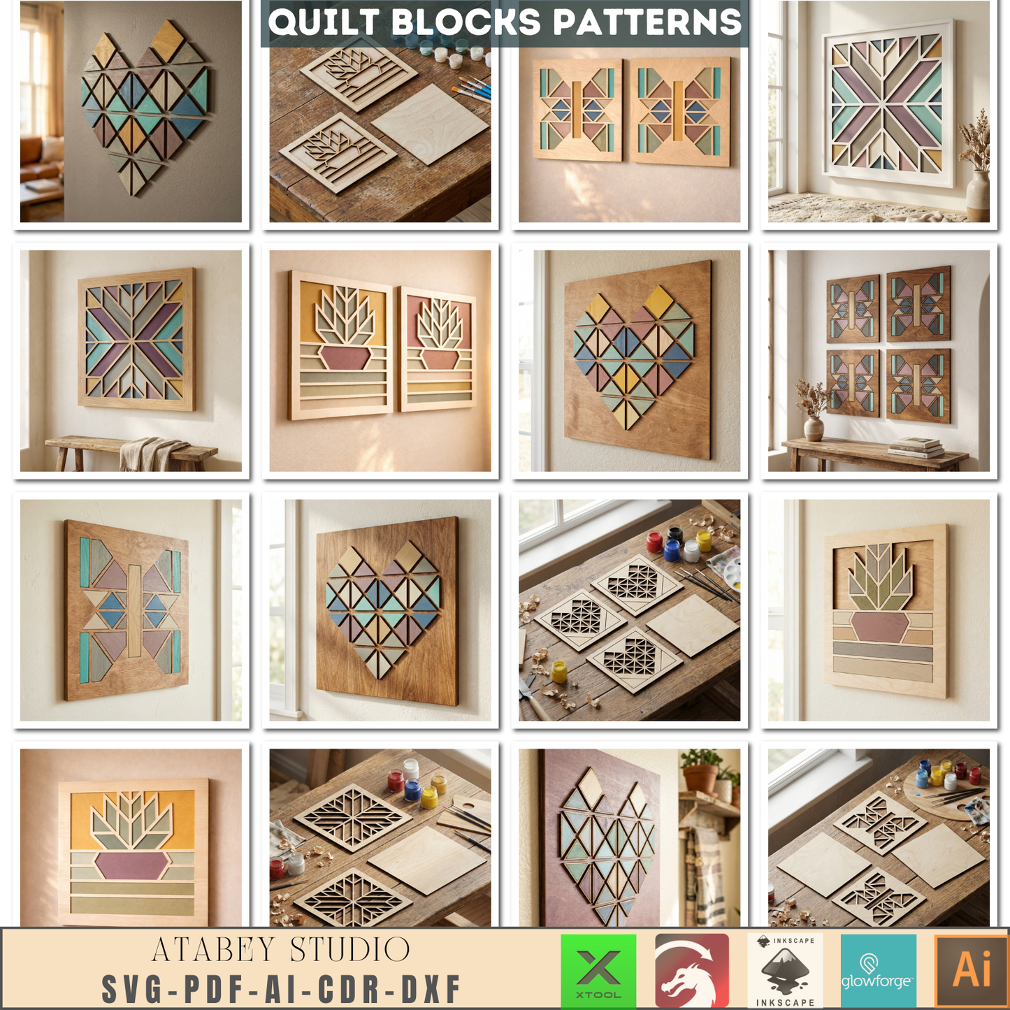 Geometric Quilt Block Wall Art Laser Cut Design Modern Farmhouse Wood Heart Butterfly Potted Flower 988