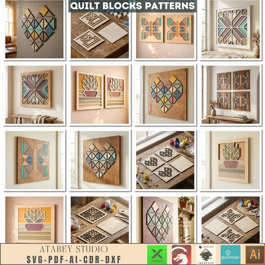 Geometric Quilt Block Wall Art Laser Cut Design Modern Farmhouse Wood Heart Butterfly Potted Flower 988