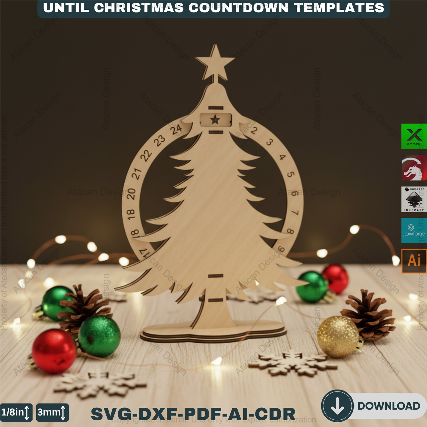 Christmas Tree Advent Calendar Laser Cut Template Bundle Wooden Countdown Stand Glowforge Xtool Files 915