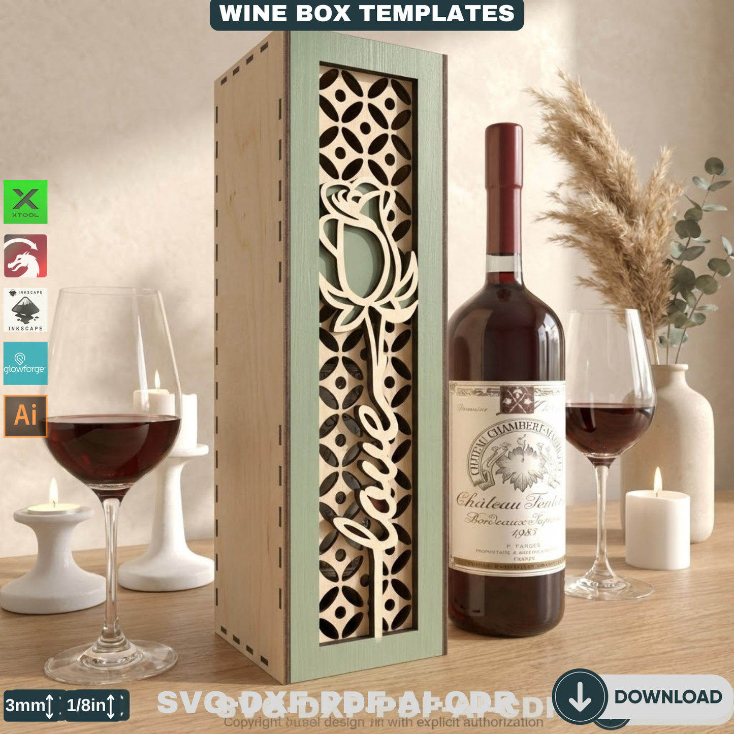 Luxury Wooden Wine Holder - Ideal for Weddings, Anniversaries, and Gift Giving-Elegant Wooden Wine Box with Rose Theme 800
