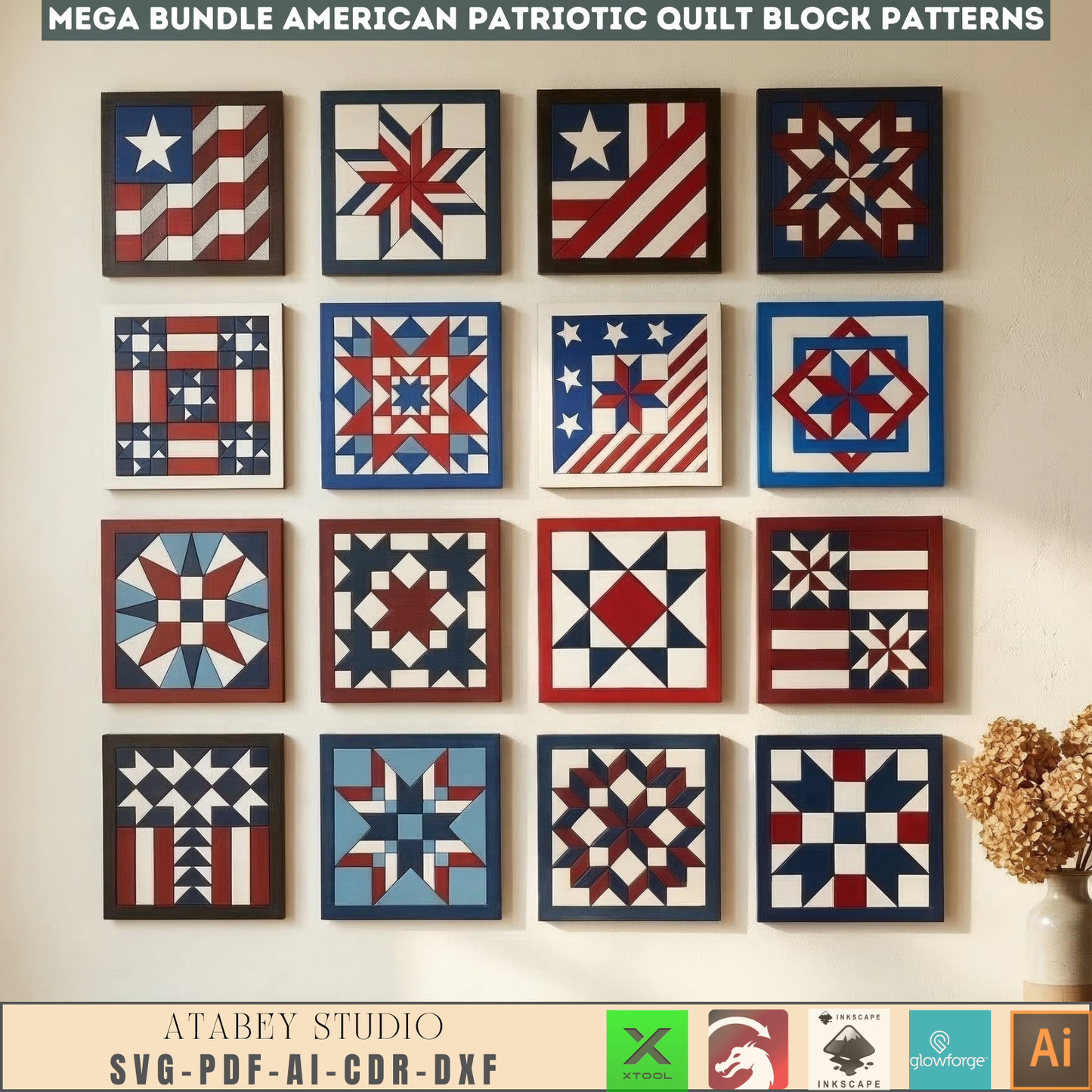 Patriotic Americana Quilt Block Wall Art Laser Cut Template Fourth of July Wooden Flag Pattern 999