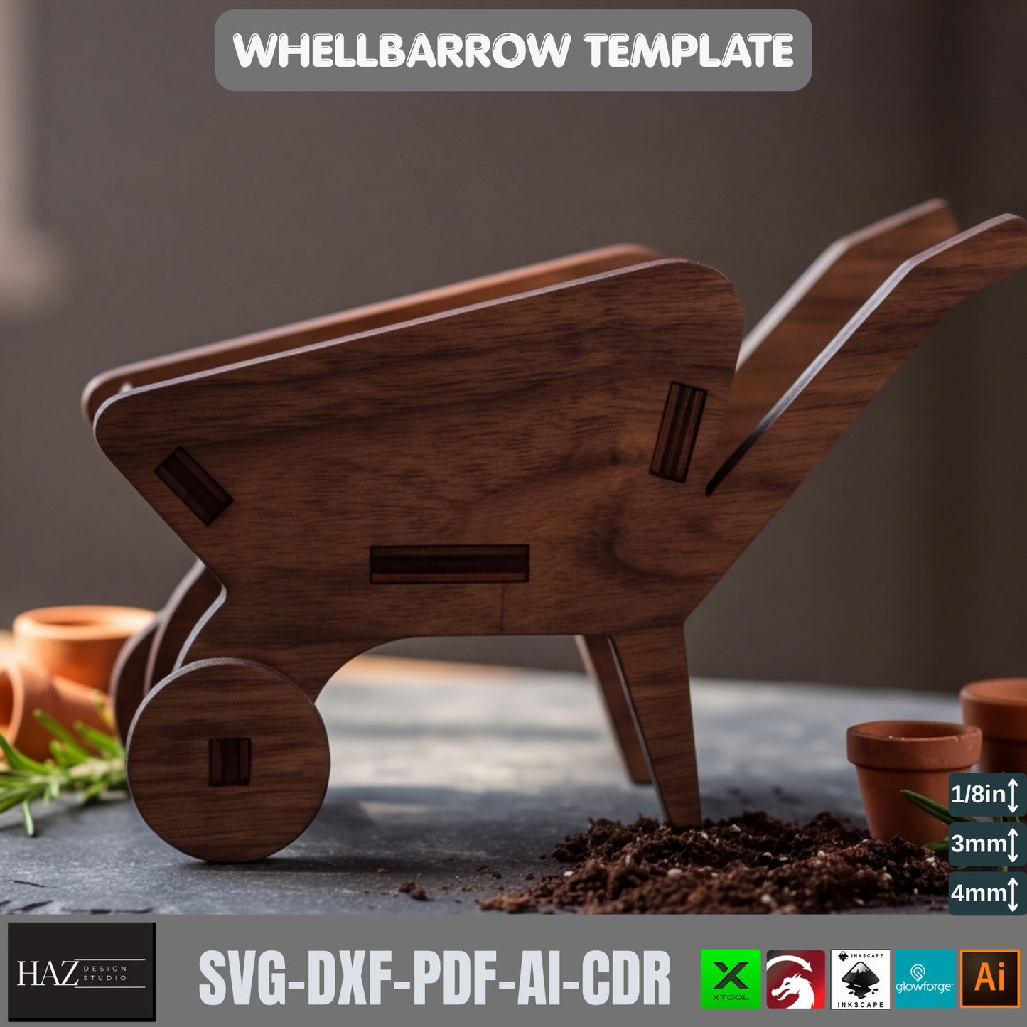Wheelbarrow Planter Laser Cut File SVG DXF Garden Cart Miniature Wood Decor