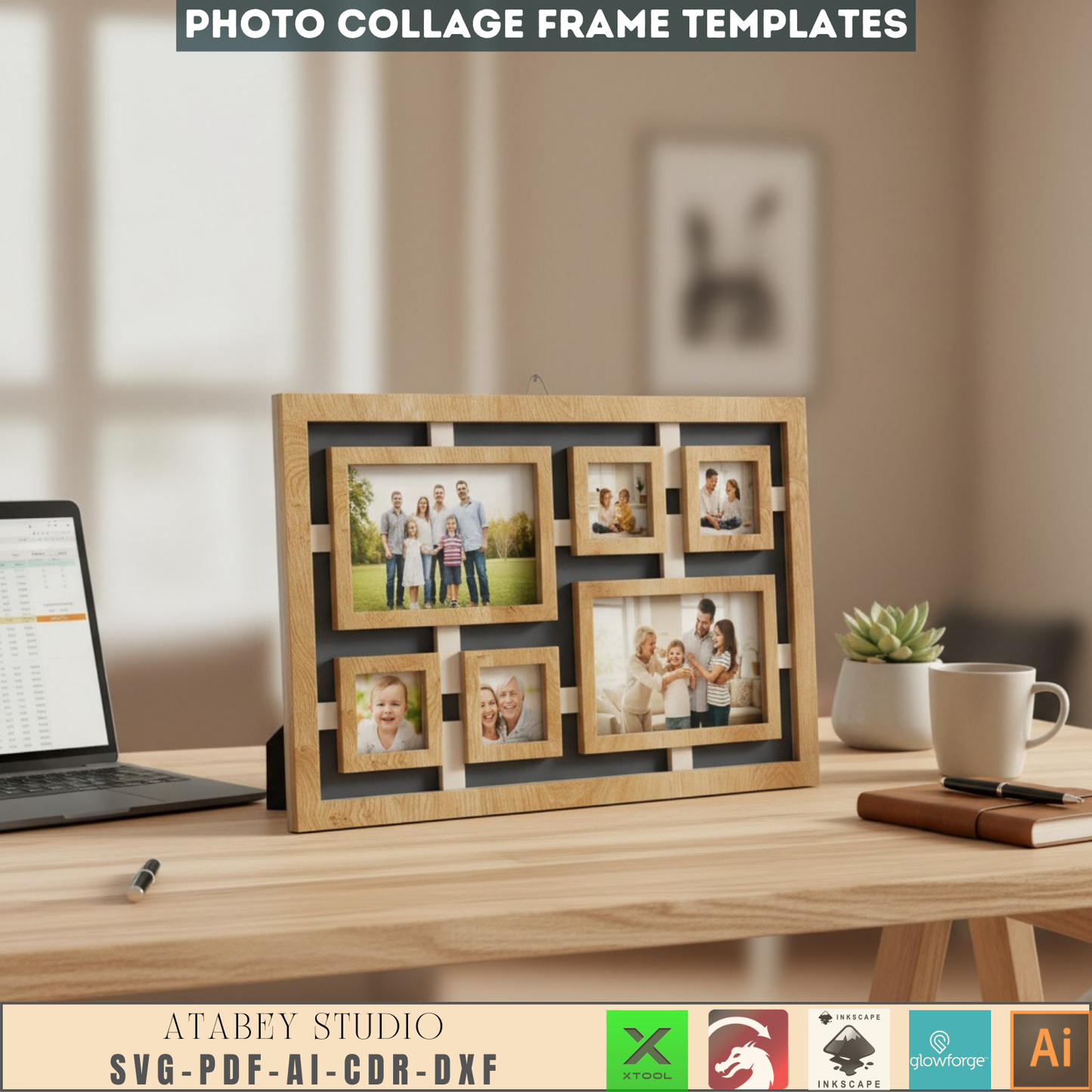 Customizable Family Photo Collage Frame SVG DXF Laser Cut File - Multi-Picture Template for Wood & Acrylic - DIY Gift