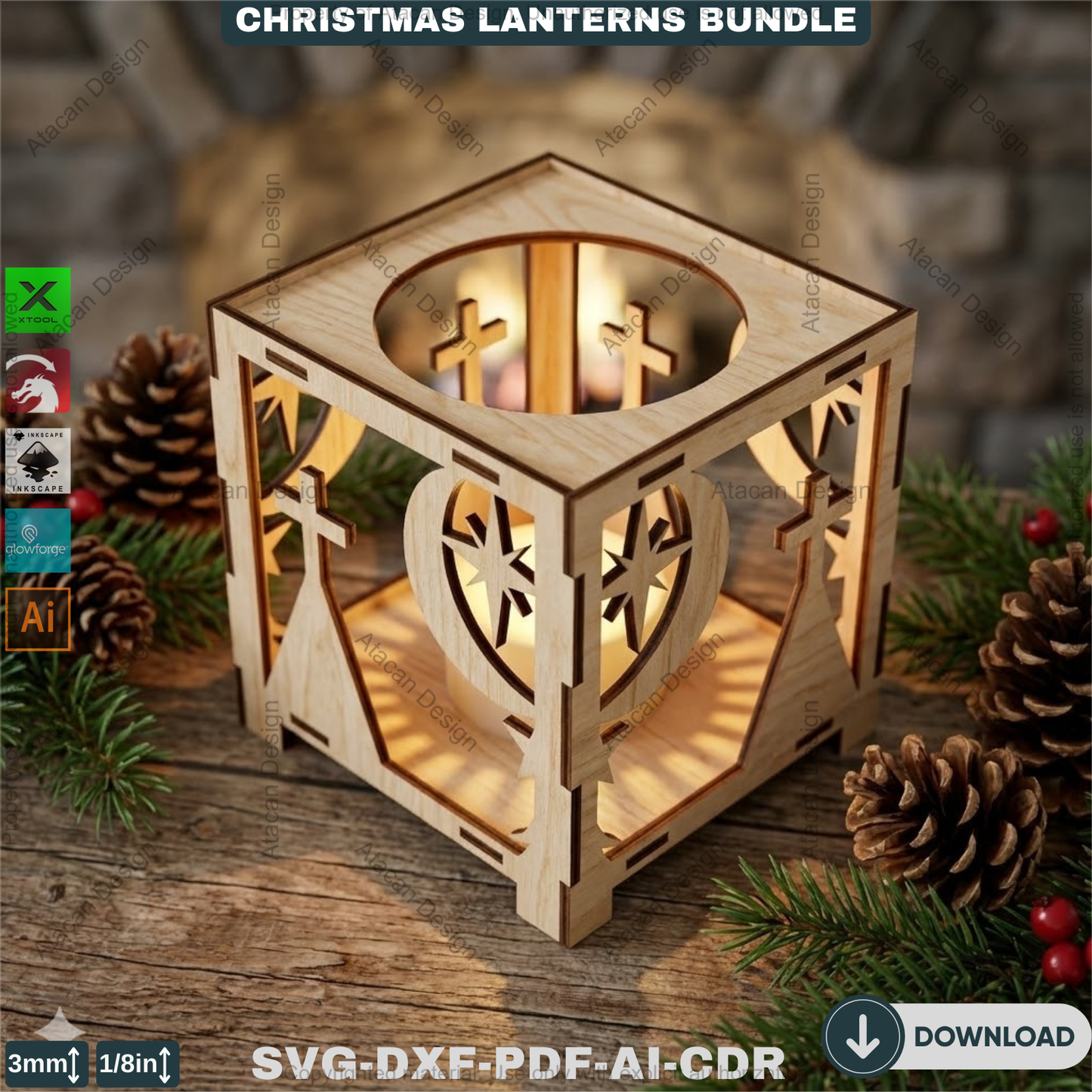 Christmas Lantern Laser Cut Bundle, Wooden Tealight Holder, Xmas Candle Box, Winter Decor, Reindeer Snowman Template 927