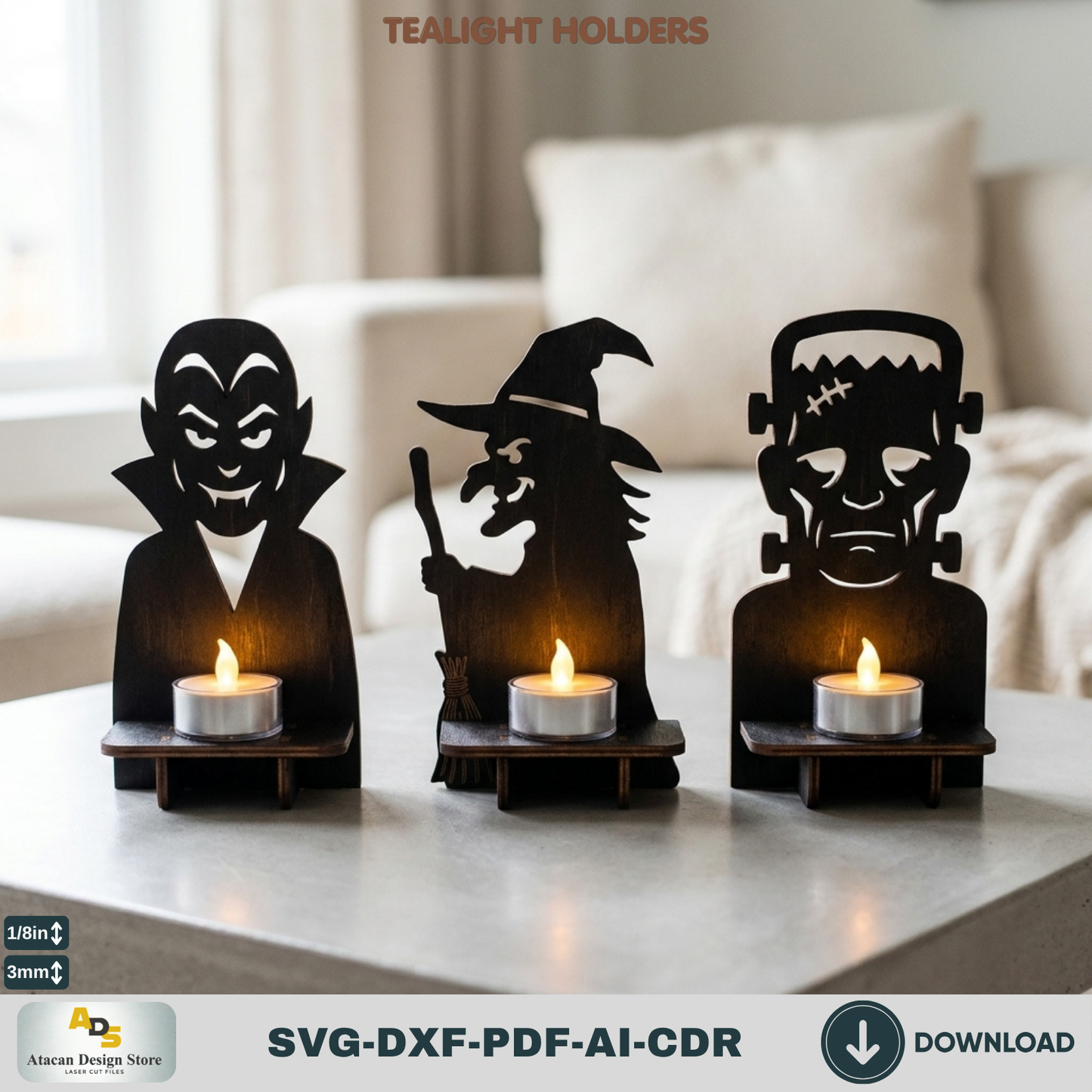 Halloween Monster Tealight Holder Laser Cut SVG Dracula Witch Frankenstein