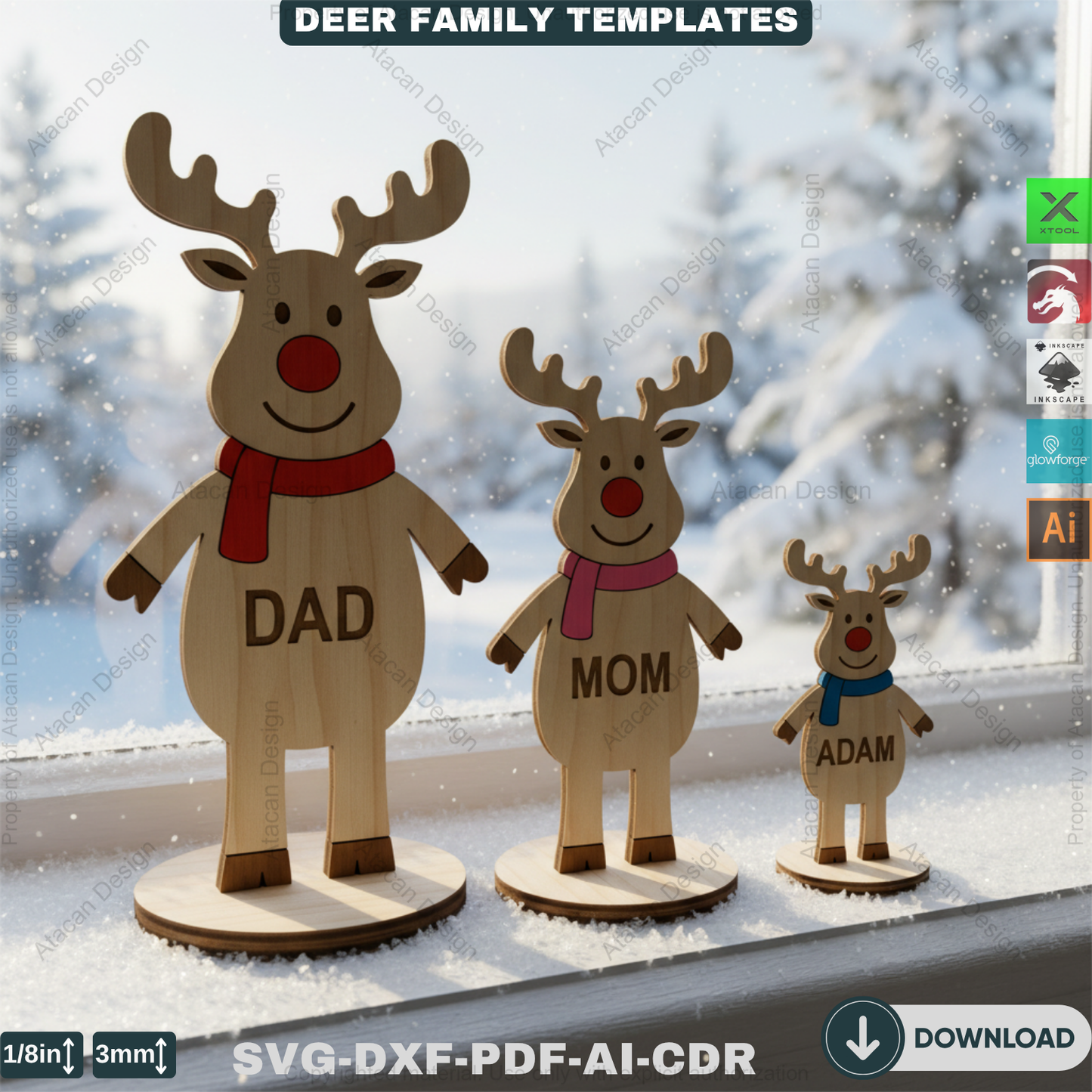 Personalized Reindeer Family Names Template | Freestanding Wooden Deer Family | Christmas Laser Cut Design 917