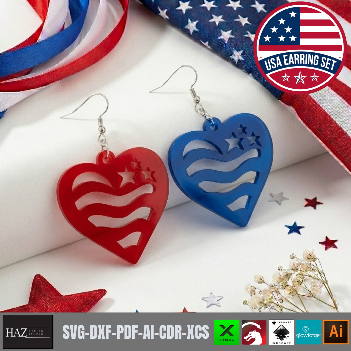 USA Flag Earring SVG Bundle, 4th of July Laser Cut File, Patriotic Acrylic Earring Template, Veteran Gift