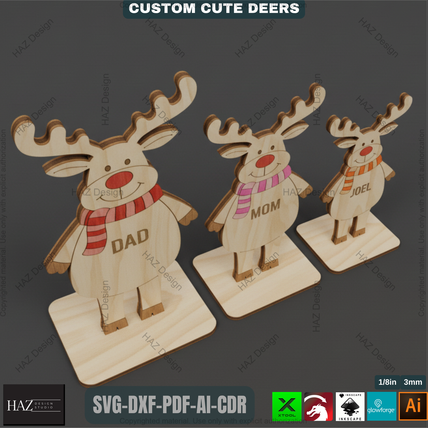 Freestanding Reindeers, DEER Family Names Laser Engraved, Wooden Standing Deers Cutting Templates 499