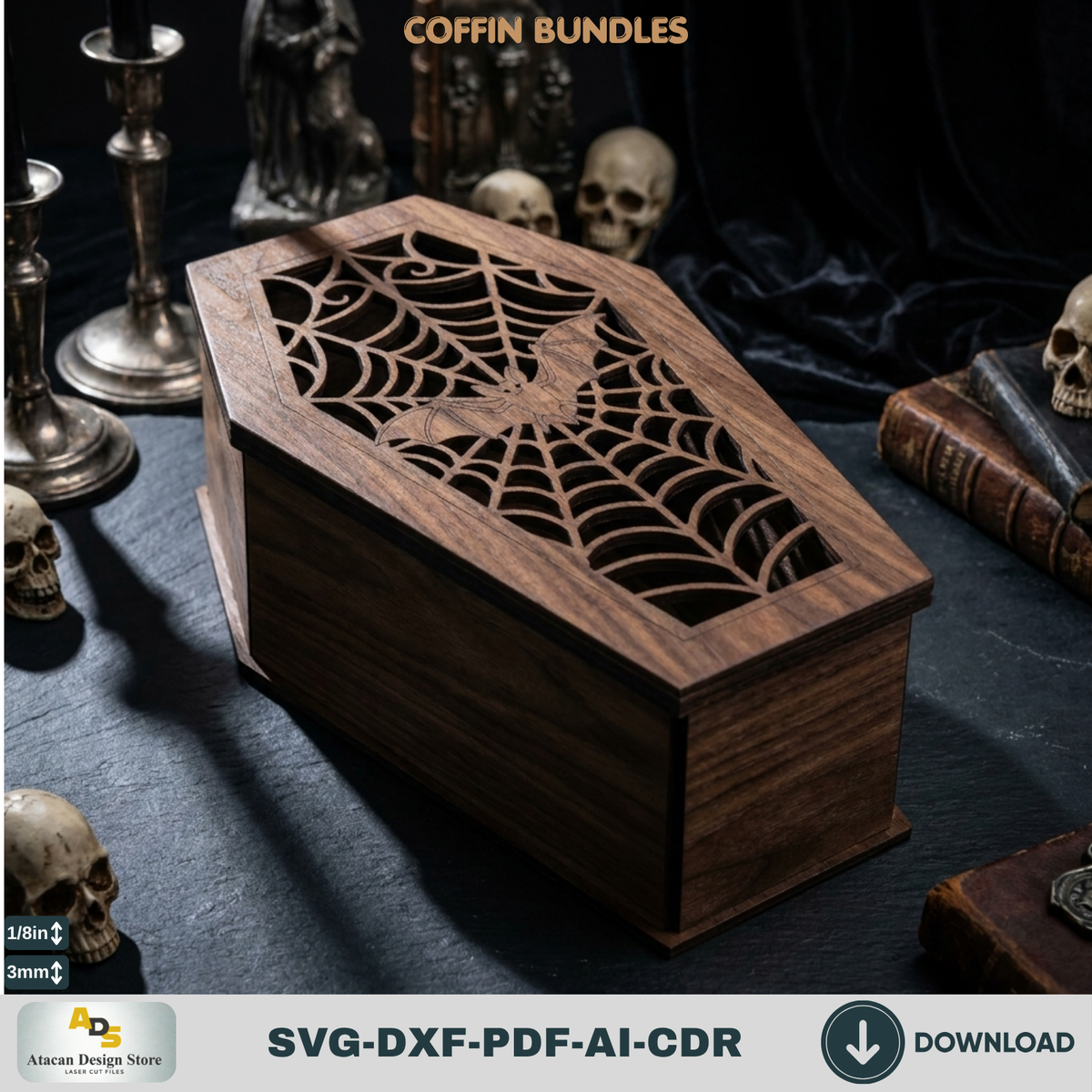 Gothic Coffin Box Laser Cut Bundle, Halloween Wooden Keepsake Casket Template, Spooky Trick or Treat 979