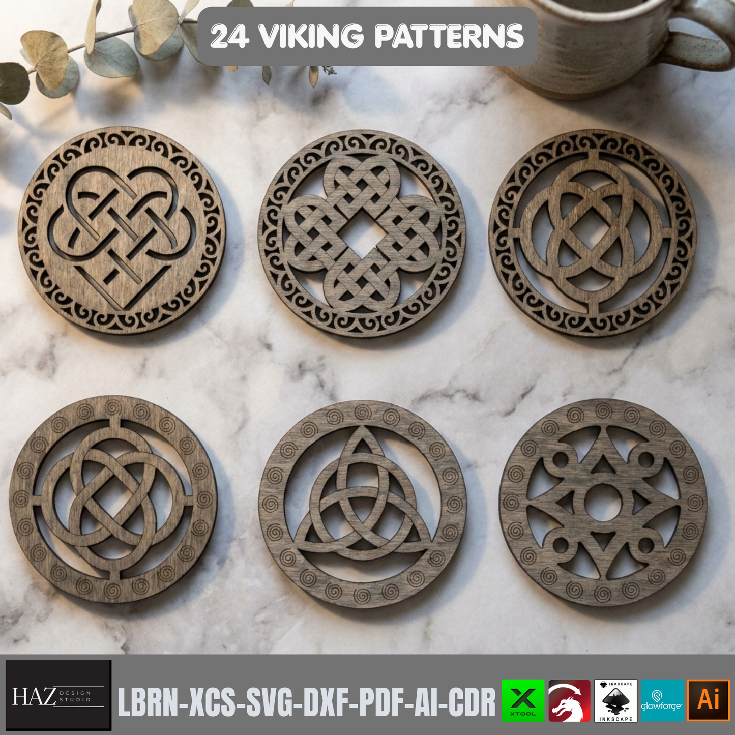 24 Viking Celtic Knot Coaster Laser Cut Patterns Bundle Norse Mythology Wood