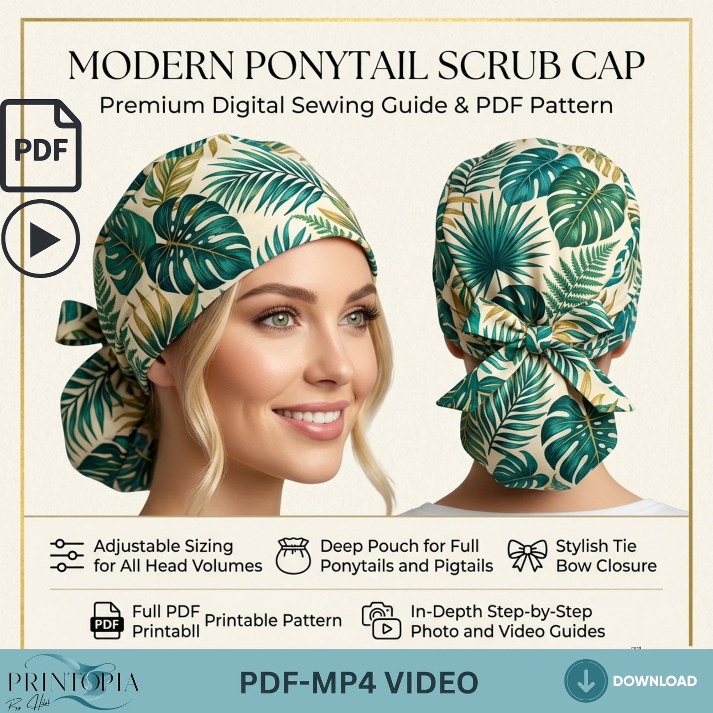 Ponytail Scrub Cap Sewing Pattern PDF with Video Tutorial Nurse Hat Template