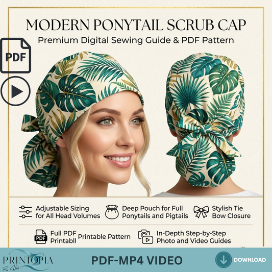 Ponytail Scrub Cap Sewing Pattern PDF with Video Tutorial Nurse Hat Template