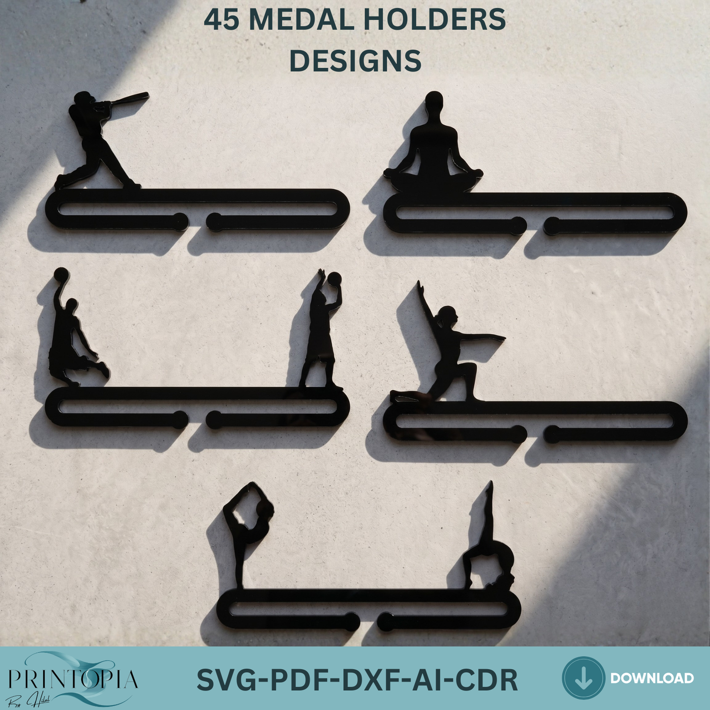 45 Medal Holder Designs SVG Bundle, Acrylic Sport Awards Hanger Templates, Trophy Medals Rack,