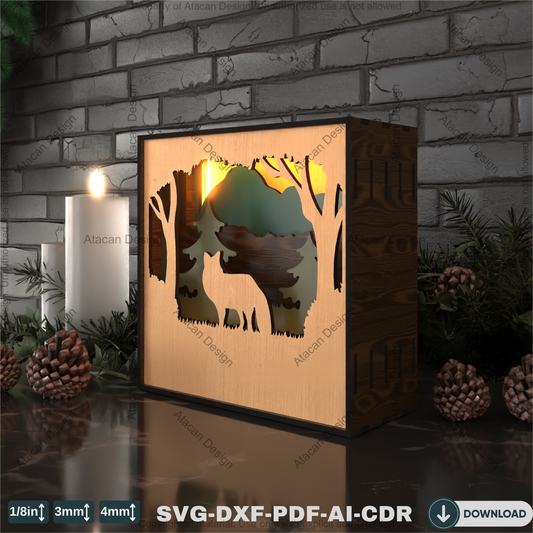 Wooden Wolf Forest Night Lamp – Multilayer Shadowbox for Laser Cutting 791