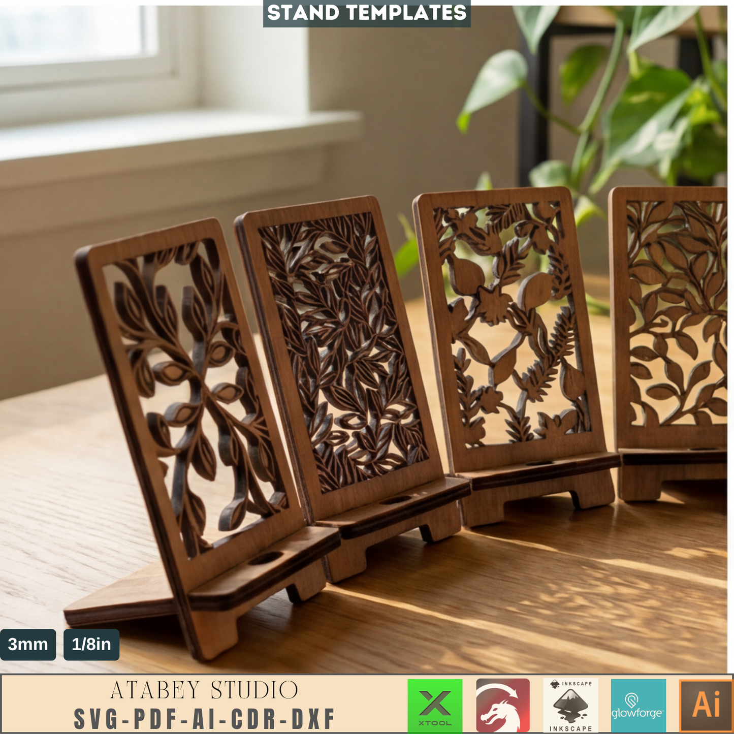 Laser Cut Phone Stand Templates Floral Cell Phone Holder Desk Decor Desktop Display Patterns