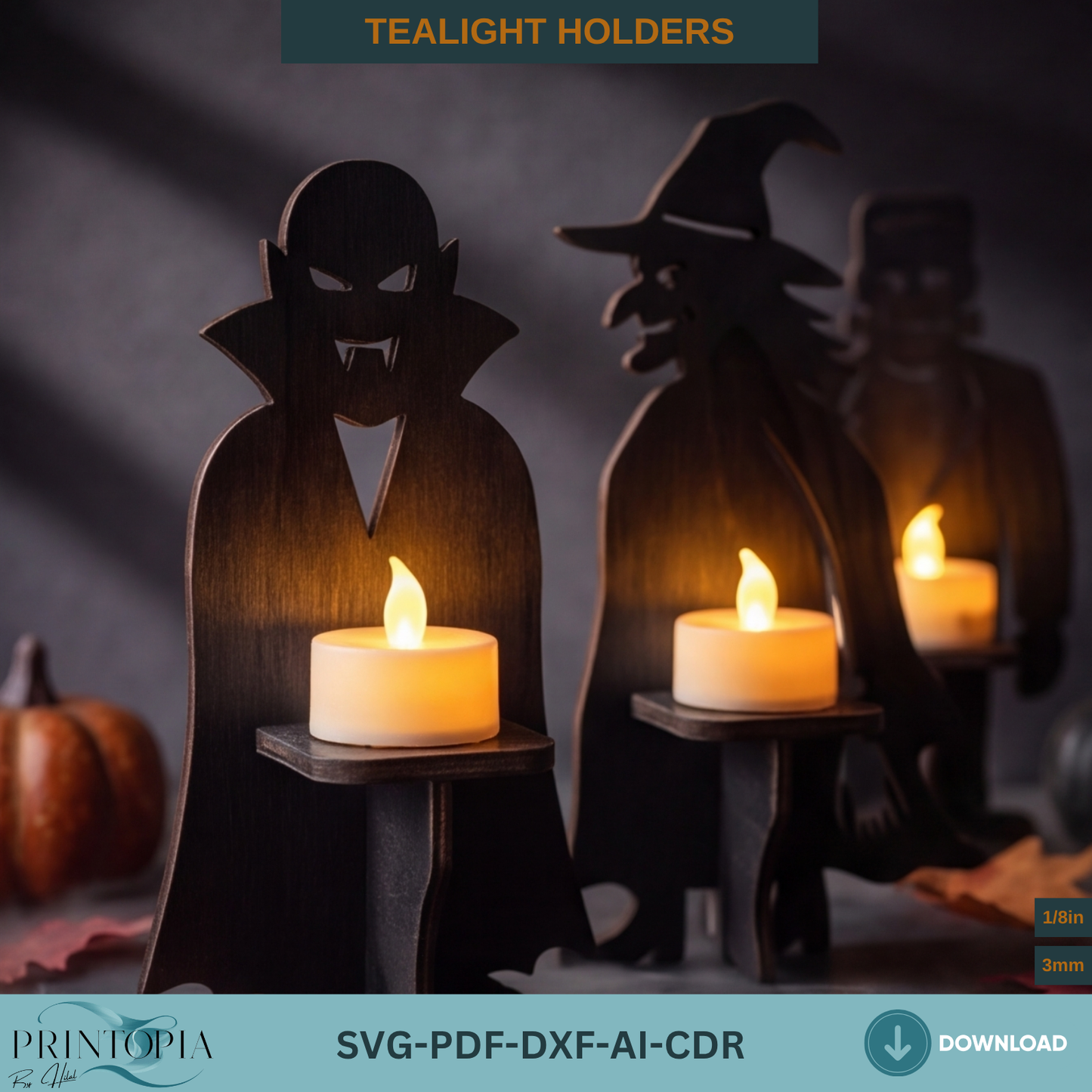 Halloween Monster Tealight Holder Laser Cut File SVG Vampire Witch Frankenstein