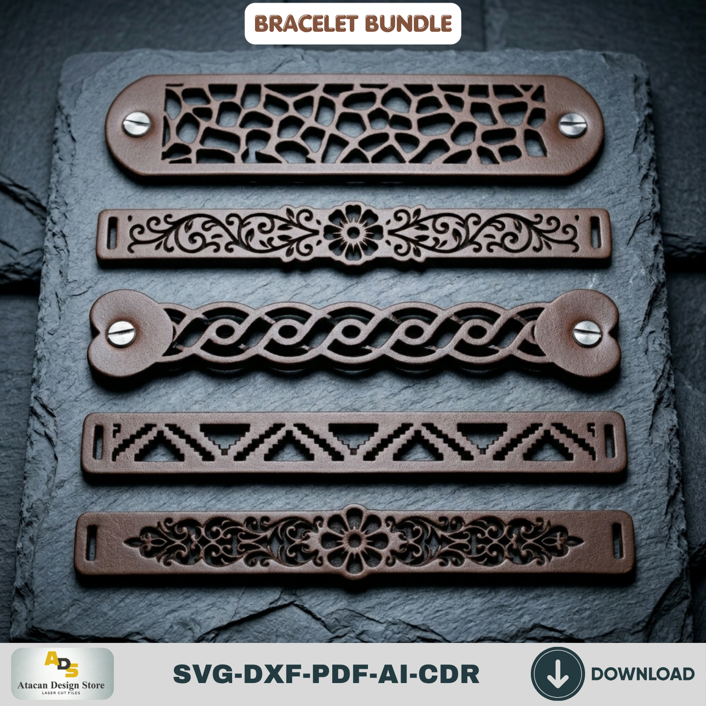 Leather Bracelet Laser Cut Template Bundle, Boho Geometric Cuff Wristband Pattern