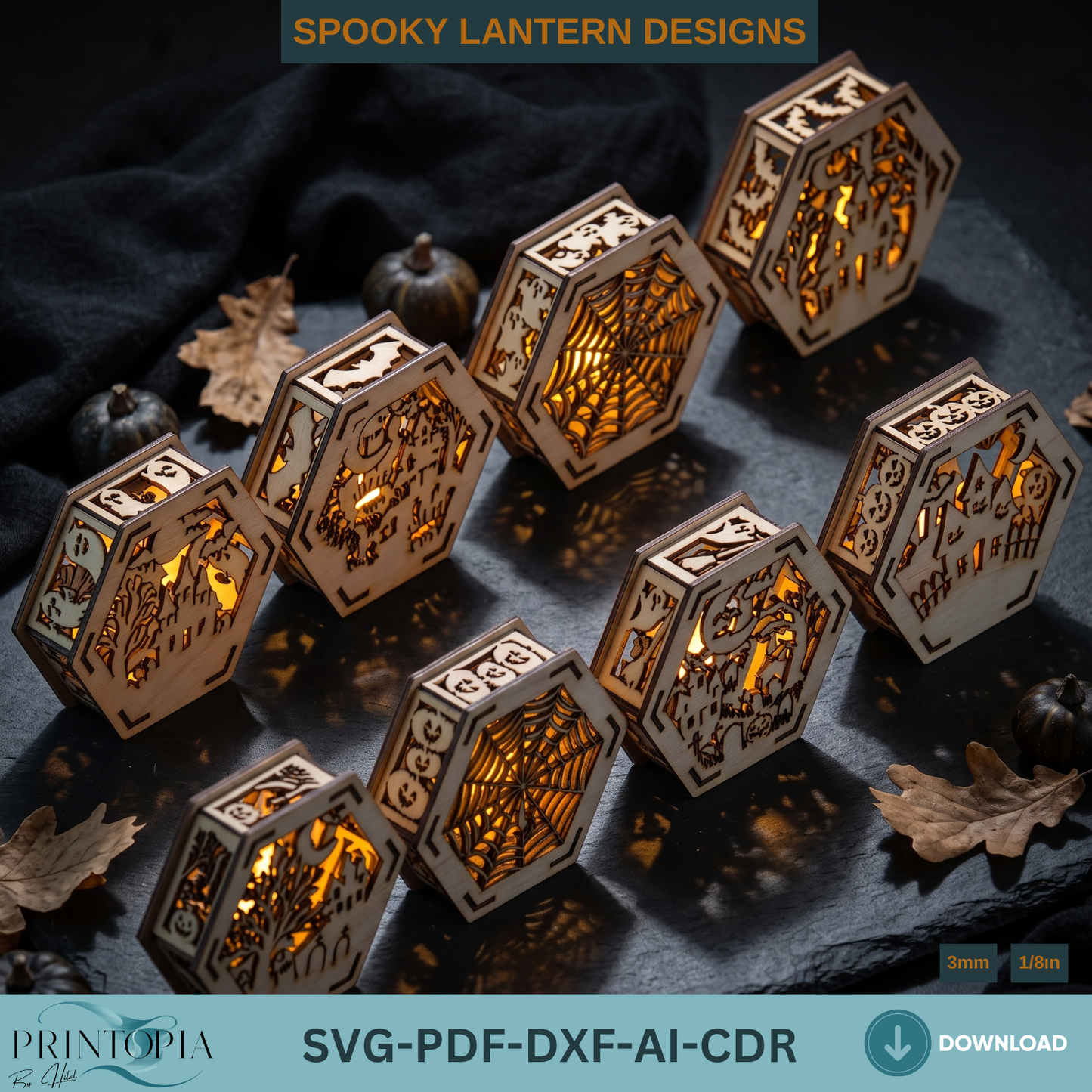 Halloween Lantern Laser Cut Files Bundle for Wooden Tealight Candle Holder Spooky Decor Template