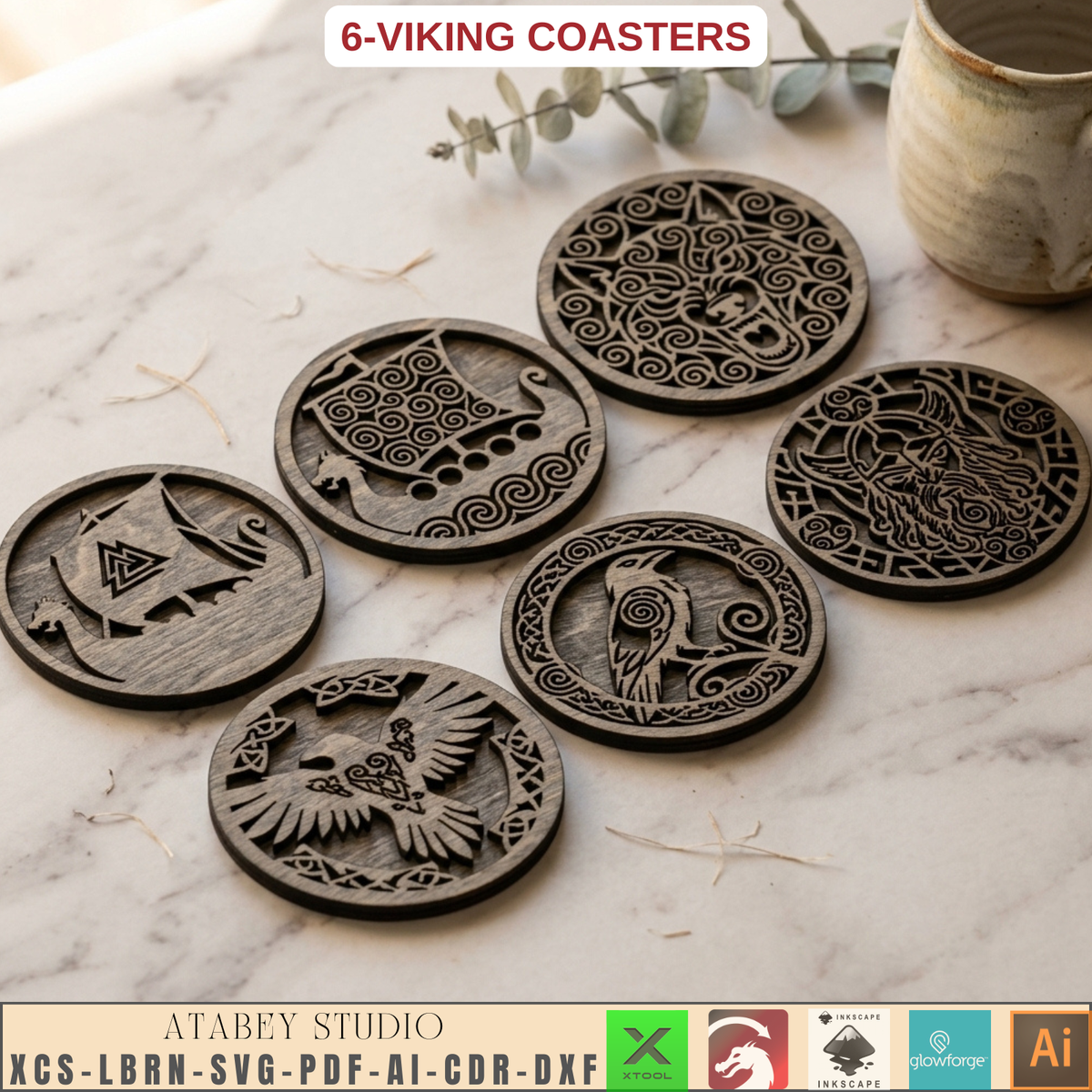 Viking Norse Coaster Laser Cut Files Raven Wolf Ship Celtic Wood Template